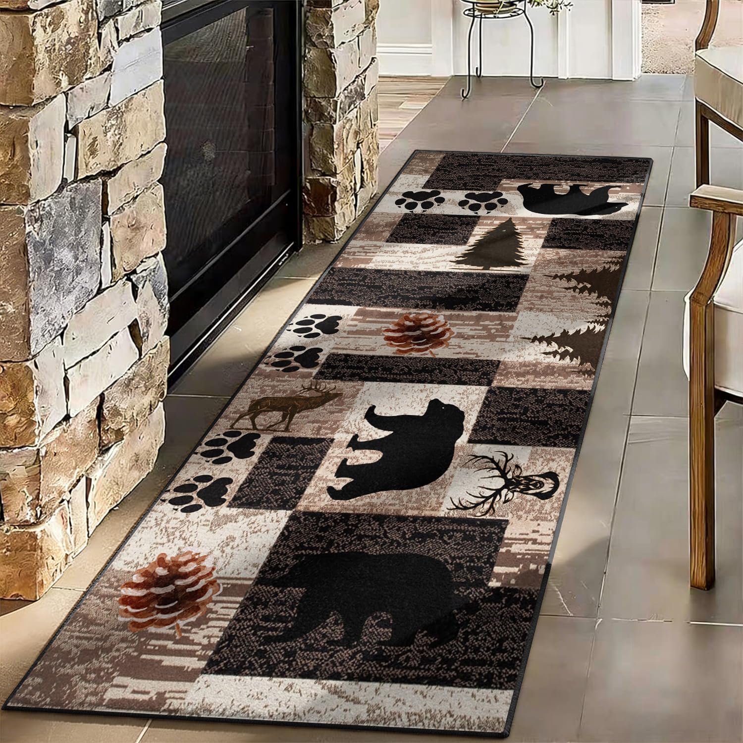 Photo 1 of Puyosvr Rustic Lodge Runner Rug,2x10ft,Western Country Bear Elk Deer Wildlife Log Design,Forest Landscape Hunting Theme Rug,with Non Slip Backing Washable Rugs, Non Slip Pet Friendly Rug for Hallway