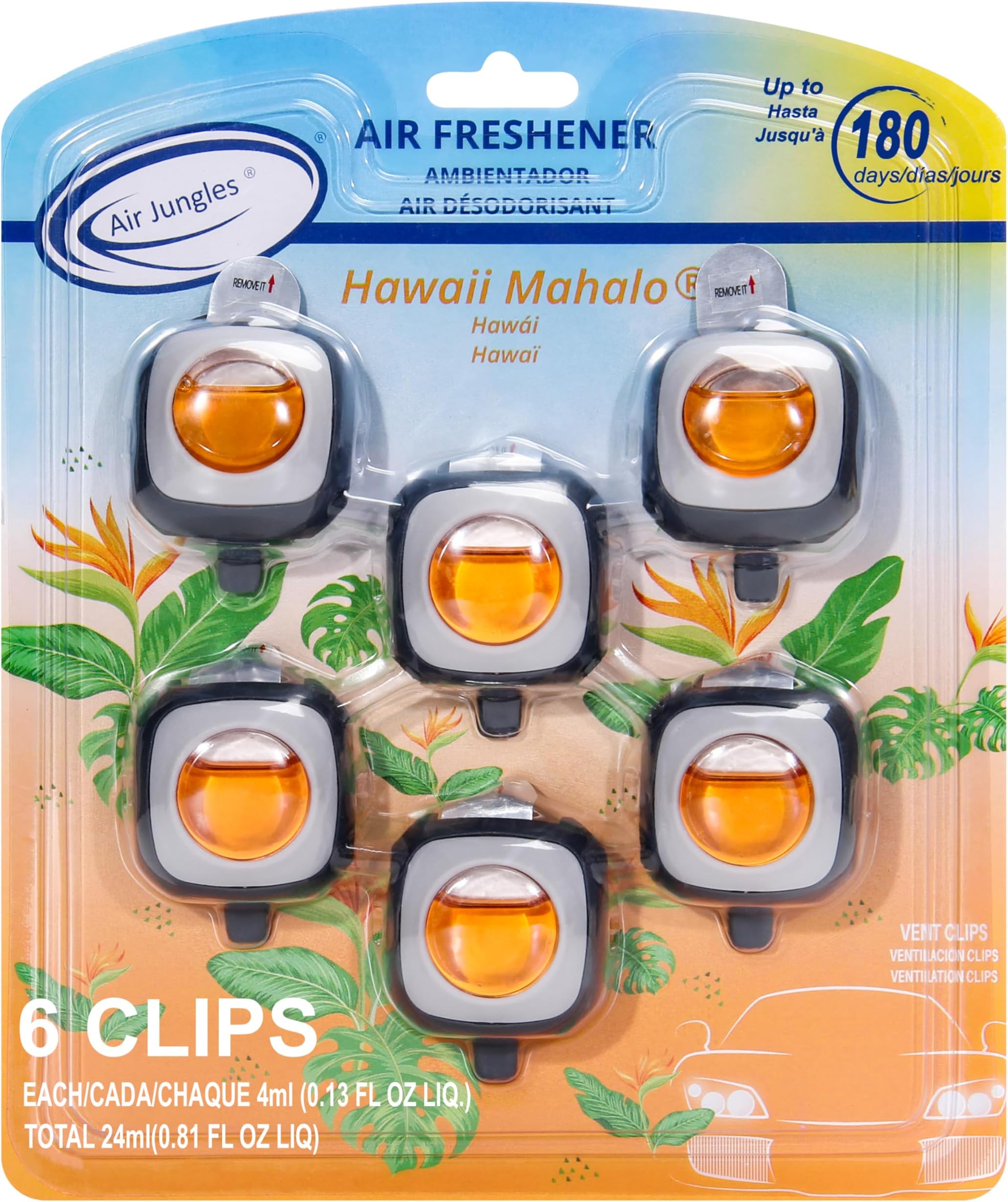 Hawaiian Scent Car Air Freshener Vent Clip, 6 Count Long Lasting Up to 180 days, Natural Essential Oil Car Fragrance for Women and Men, Odor Eliminator - 4ml Each