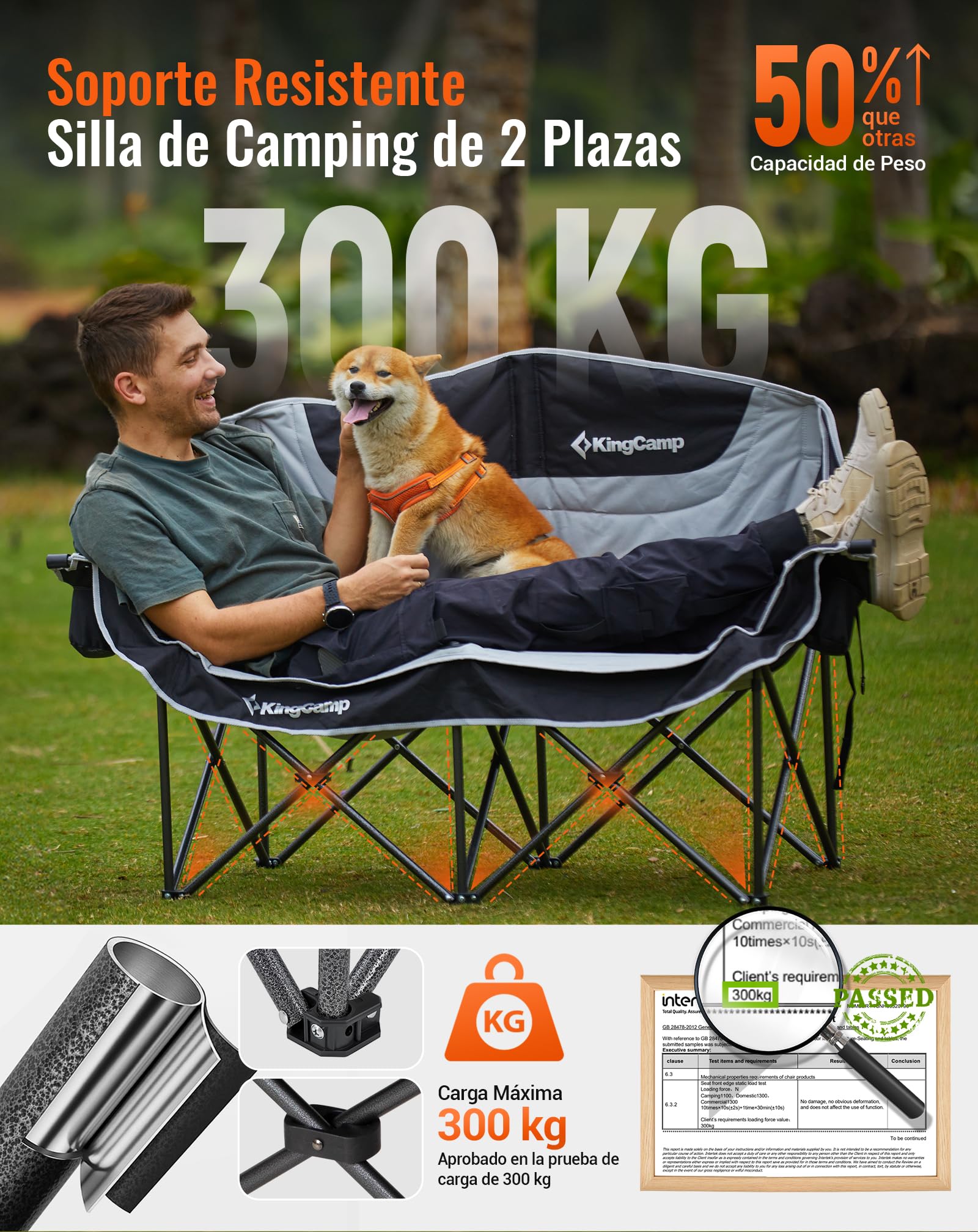 KingCamp Silla de Camping Plegable para 2 Personas, Carga MAX 300 kg, Sofá Portátil de 2 Plazas para Adultos con Reposabrazos, Acolchado Silla Plegable para Camping Jardín Picnic Balcón, Negro/Gris