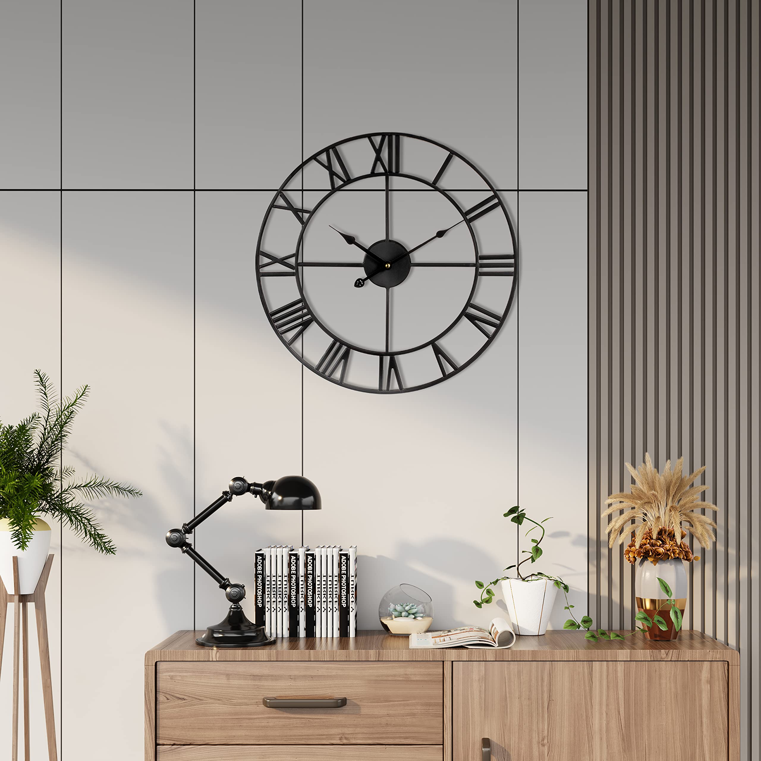 Large Wall Clock Battery Operated, Oversized Ancient Roman Numeral Style, Metal Modern Room Decor, Silent Non-Ticking Round Wall Clock for Living Room, Bedroom, Kitchen, Farmhouse(Black18.5)
