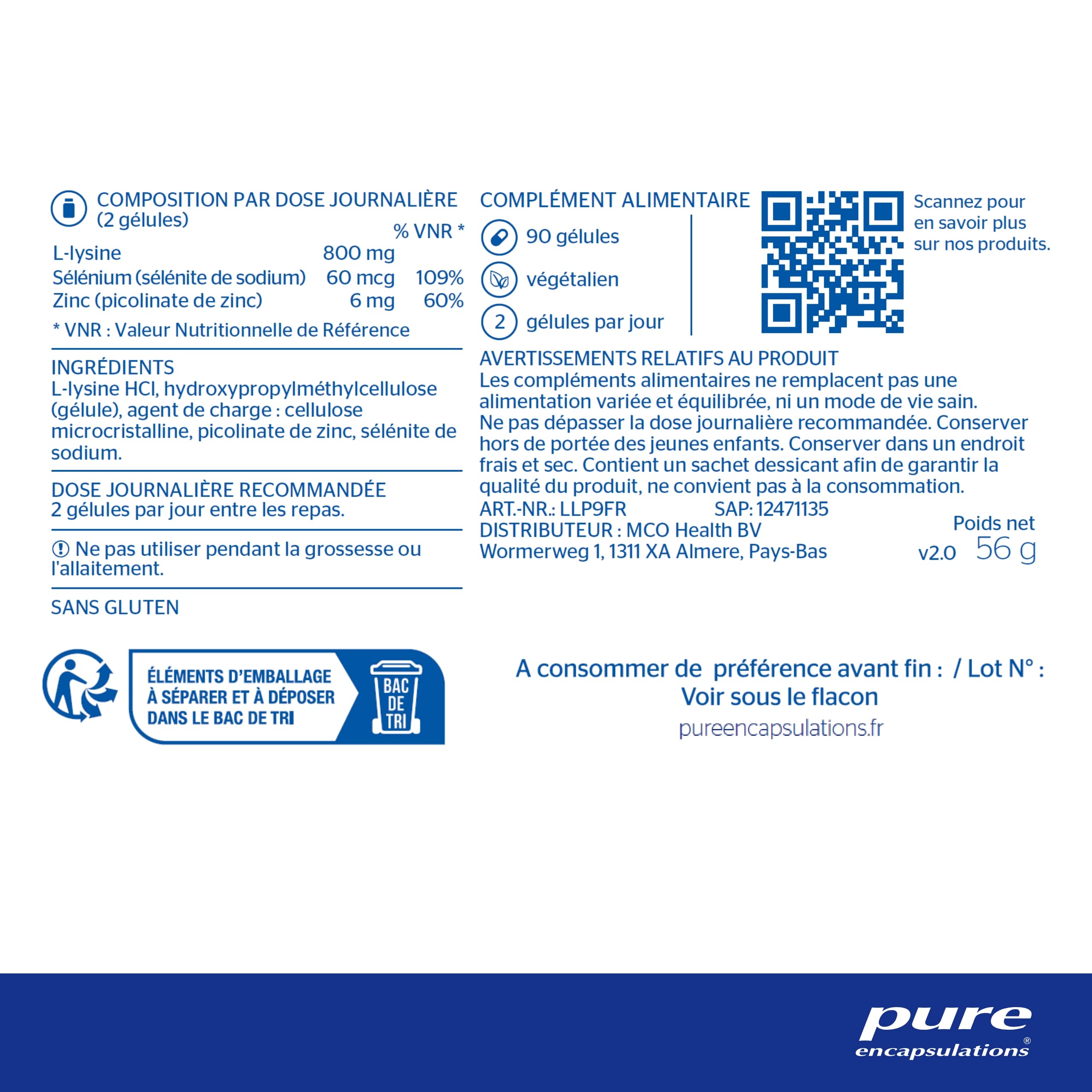 Pure Encapsulations - L-Lysine Plus - Acide Aminé Essentiel avec Sélénium & Zinc - Supplément Hypoallergenique - 90 Gélules Véganes