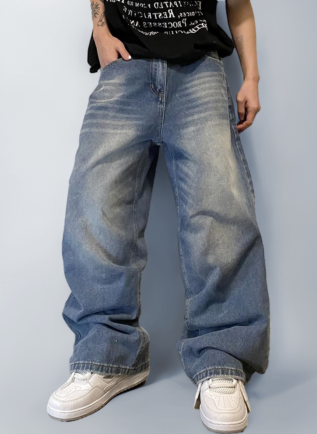 Zewool Mens Hip Hop Baggy Jeans Wide Leg Skater Jeans Casual Loose Denim Pants Y2k Skateboard Streetwear