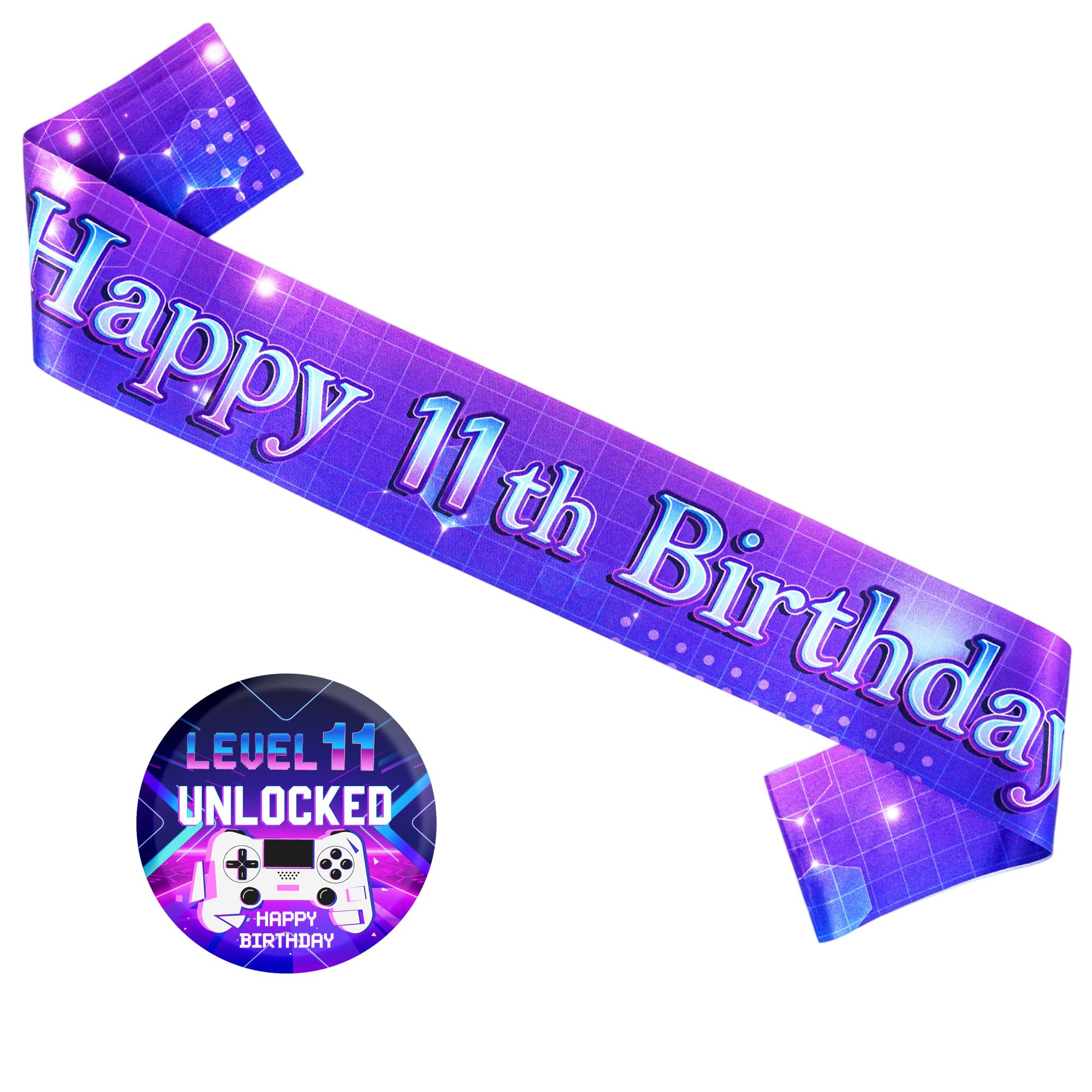 Happy 11th Birthday Sash Badge Set, Neon Purple Gaming Level 11 Unlocked