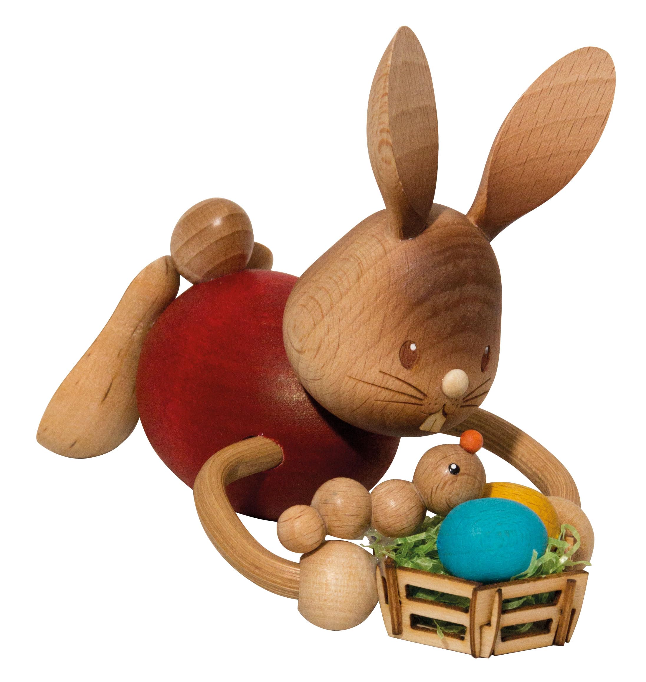 Kuhnert Drechslerei Osterdekoration/Osterhase „Stupsi mit Ostereierkorb“ 11 cm, aus feinstem Holz, für EIN Bezauberndes Osterfest oder eine dauerhafte Dekoration, Holzkunst Made in Germany