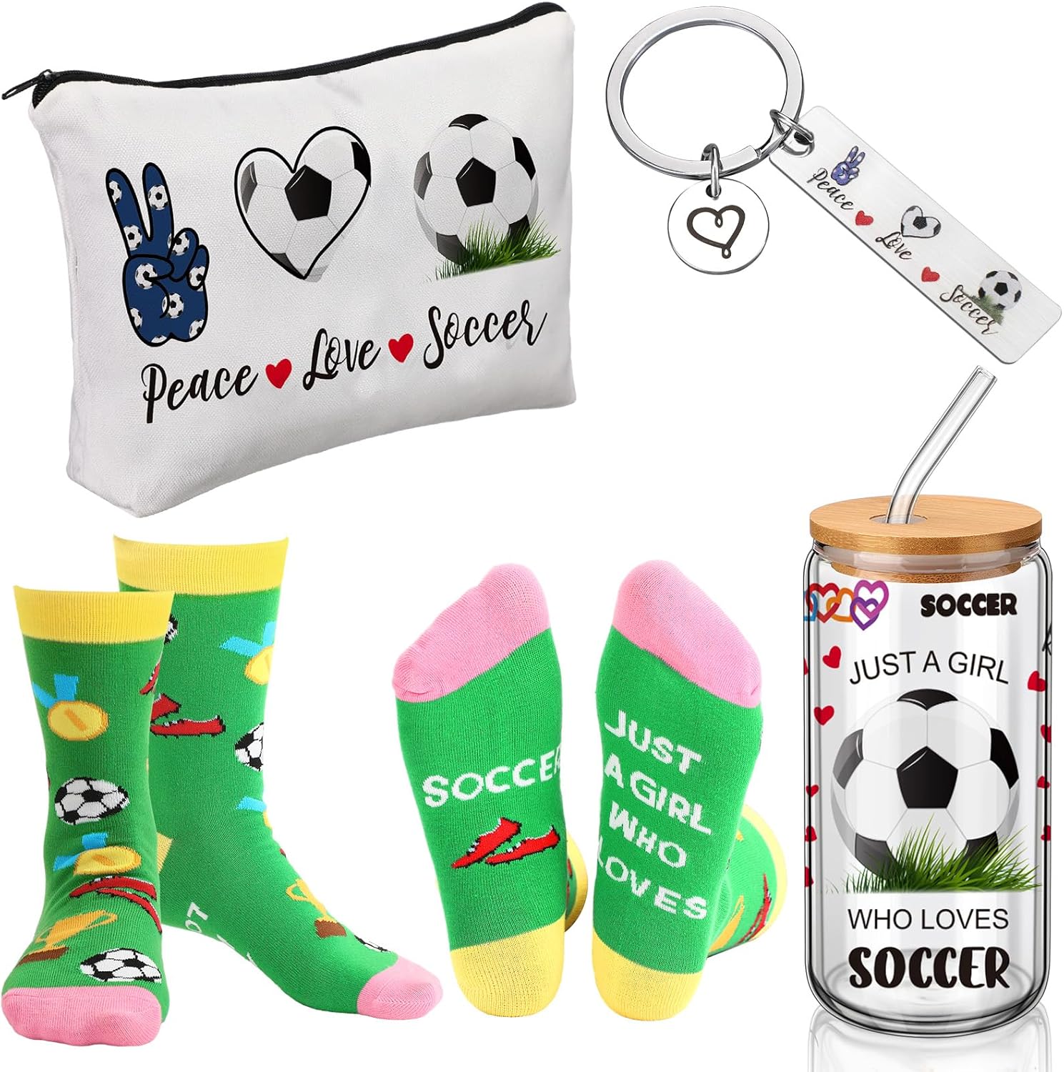 JenPen 4 Pcs Valentine's Day Soccer Gifts for Women Girls Include 17oz Glass Cup with Lid Straw Soccer Crew Socks Makeup Bag Keychain Accessories for Mom Coach Players Lover Teams - Image 8