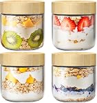 HomArtist 10oz Pots en verre à limace en bambou - 6 Conditionnement : Conteneurs polyvalents de préparation des repas avec des lids hermétiques pour l'avoine de nuit, le yogourt, les salades, la pudding chia - Grande bouche des jarres Mason avec des lides de bambou