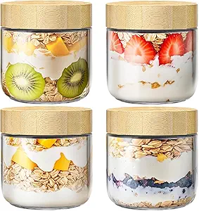 4 Pack 10oz Overnight Oats Containers with Bamboo Lids, Glass Jars with Airtight Lids for Meal Prep, Wide Mouth Mason Salad Jars, Glass Food Storage Container for Yogurt Chia Snacks Spice Sugar