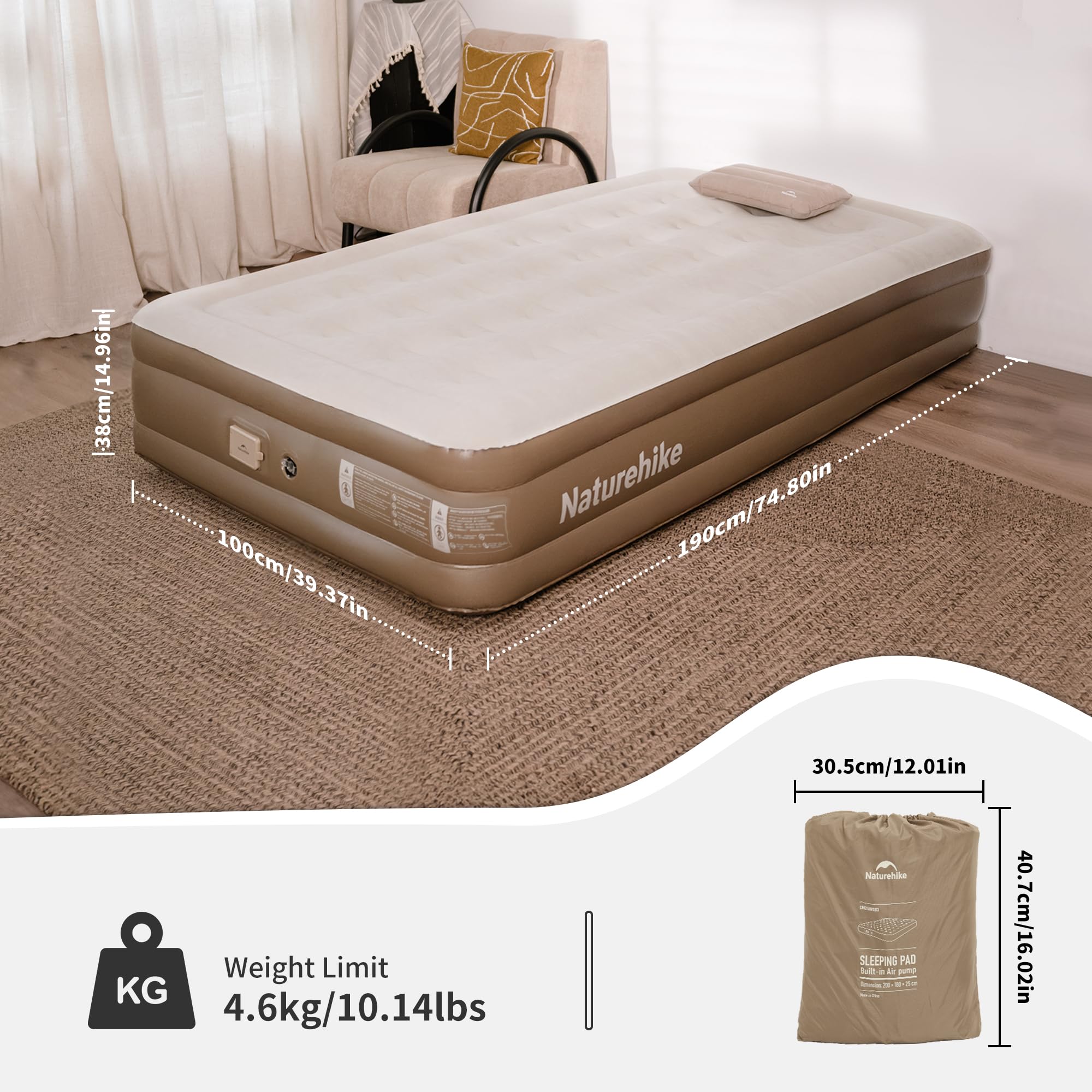 Naturehike Colchón Hinchable 1 Persona con Bomba Integrada Recargable - 190x100x38cm Cama Hinchable para Camping y Casa - Colchón Inflable Portátil y Resistente
