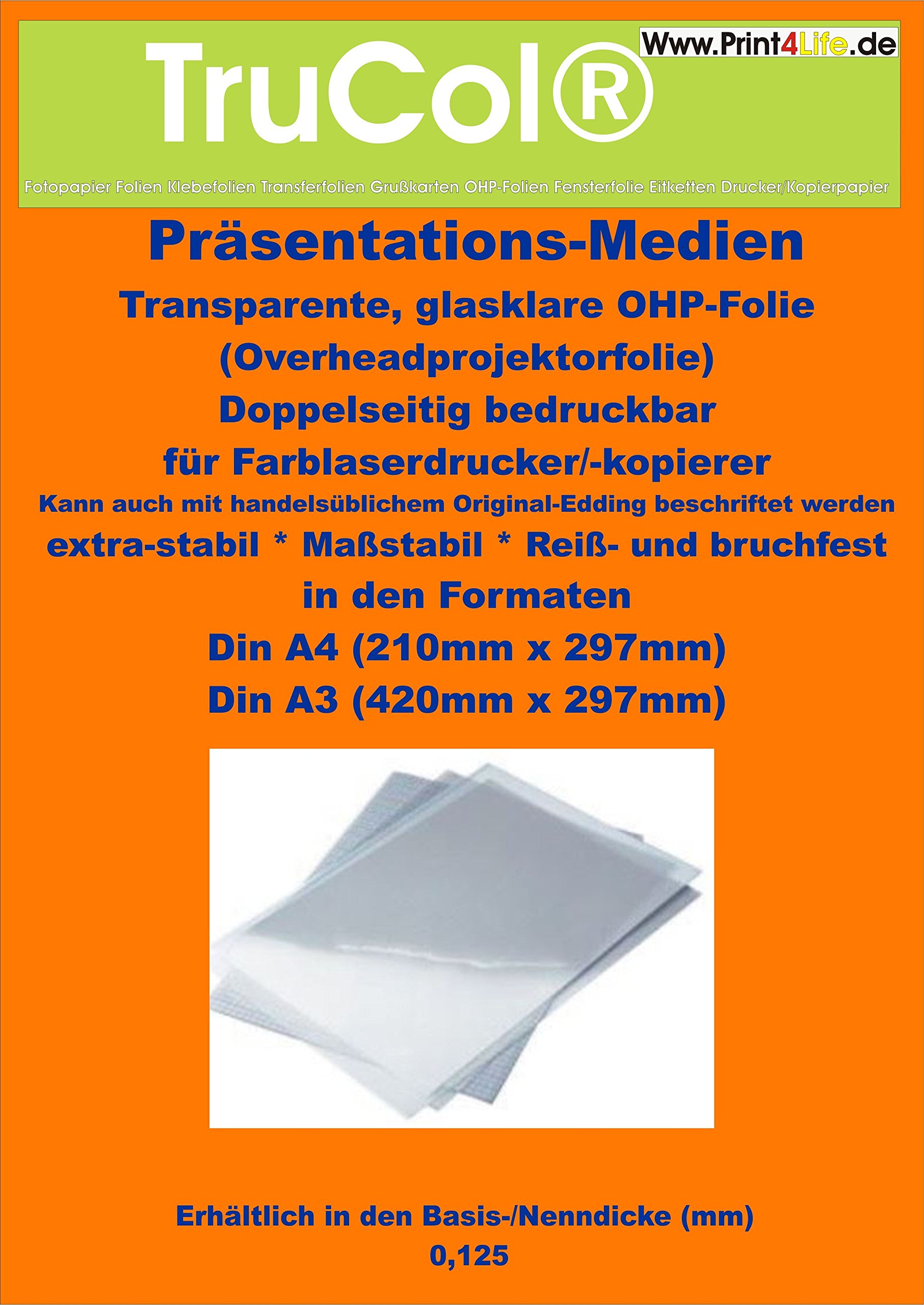100 Blatt DIN A3 KLAR/TRANSPARENTE glasklare OHP-Folie für Laserdrucker Kopierer Farblaser mit einer speziellen beidseitigen Oberflächenbeschichtung für perfekte s/w und farbige Präsentationen Drucke. Optimale Tonerhaftung für den Einsatz auf Farb- und/od