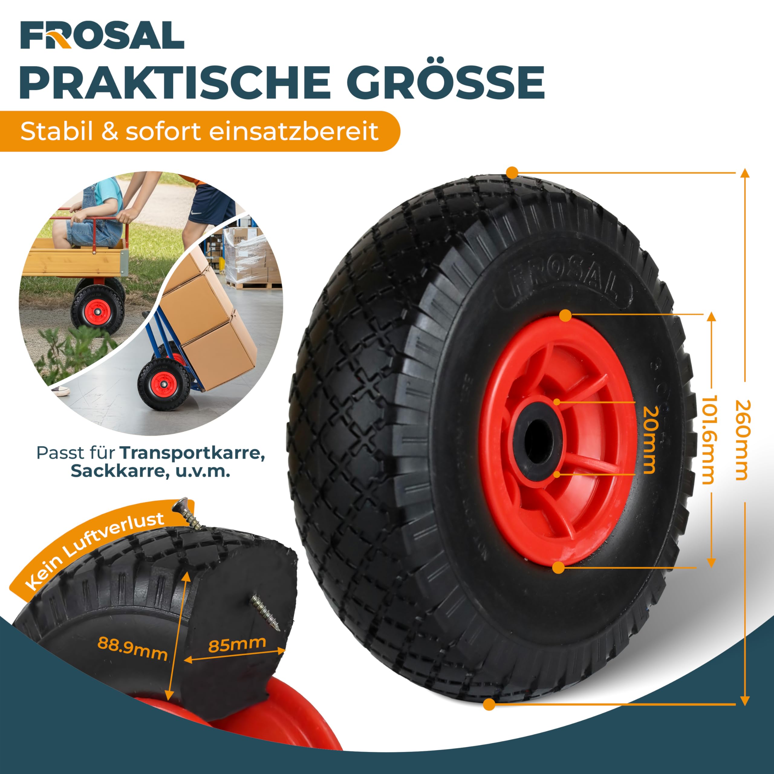 FROSAL 2 x Sackkarrenrad - Vollgummireifen - PU Rad 260 mm 3.00-4 – pannensicheres Ersatzrad für Sackkarre und Bollerwagen – Nabenlänge 60 mm – Achse 20 mm bis 100 kg – geruchsarm & leiser Lauf