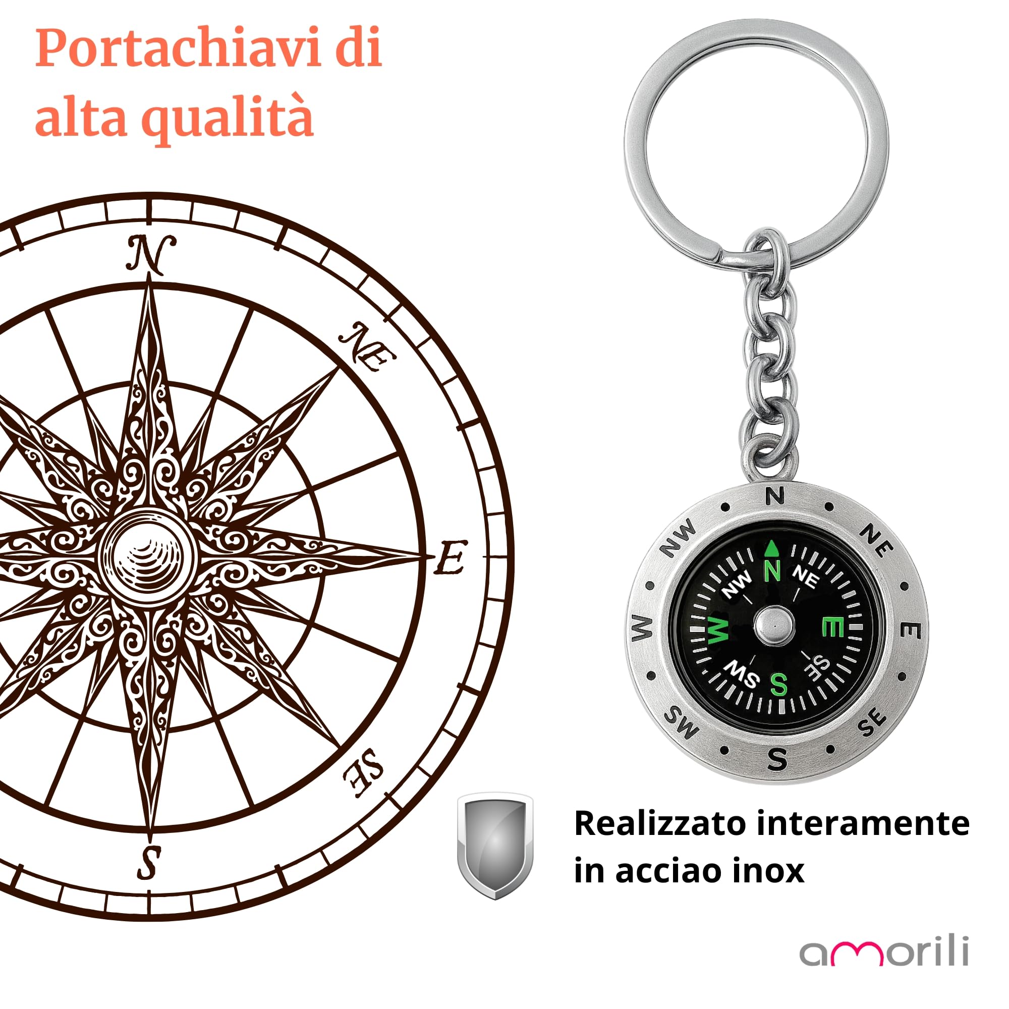Portachiavi Uomo con Bussola Marinara in Acciaio Inossidabile – Idea Regalo Nautica – Accessorio Elegante per Marinaio, Viaggiatore, Amante del Mare - prt0187
