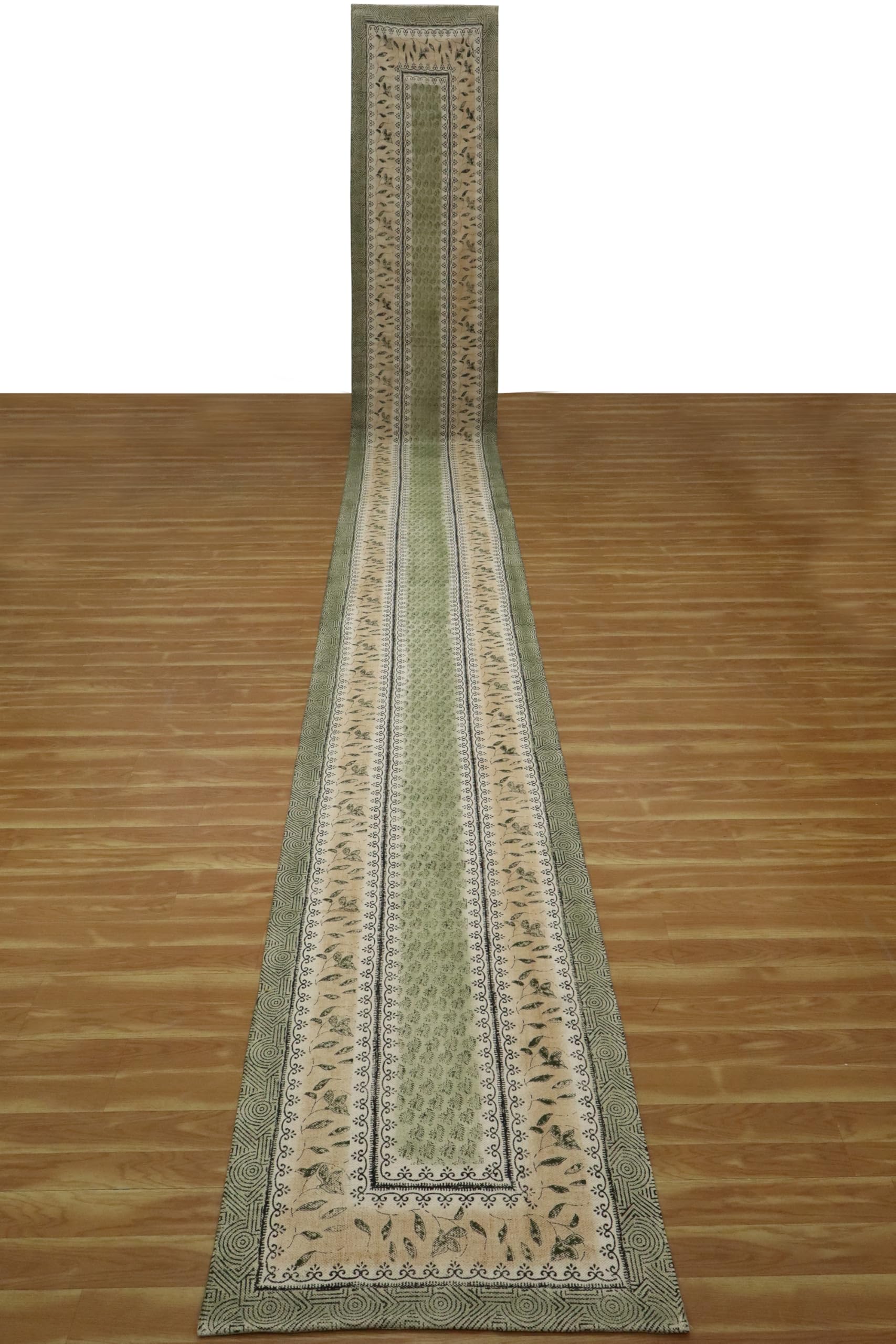 Handblock gedruckt Baumwollläufer 2,6 x 10 Kelim-Läufer Stein waschbar Teppich dick 0,5 cm Handfläche waschen grün und beige flach gewebte Matte Innen Outdoor-Teppiche für Flur, Treppe, Flur