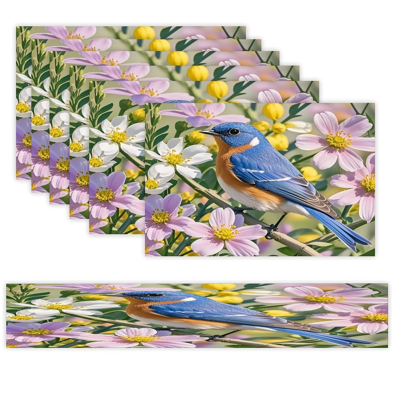 Bluebird and Flowers Table Runner and Placemats Set of 6 Heat Resistant Table Runner Place Mats Modern Cloth Table Mat Washable Linen Placemat Festive Reusable Set