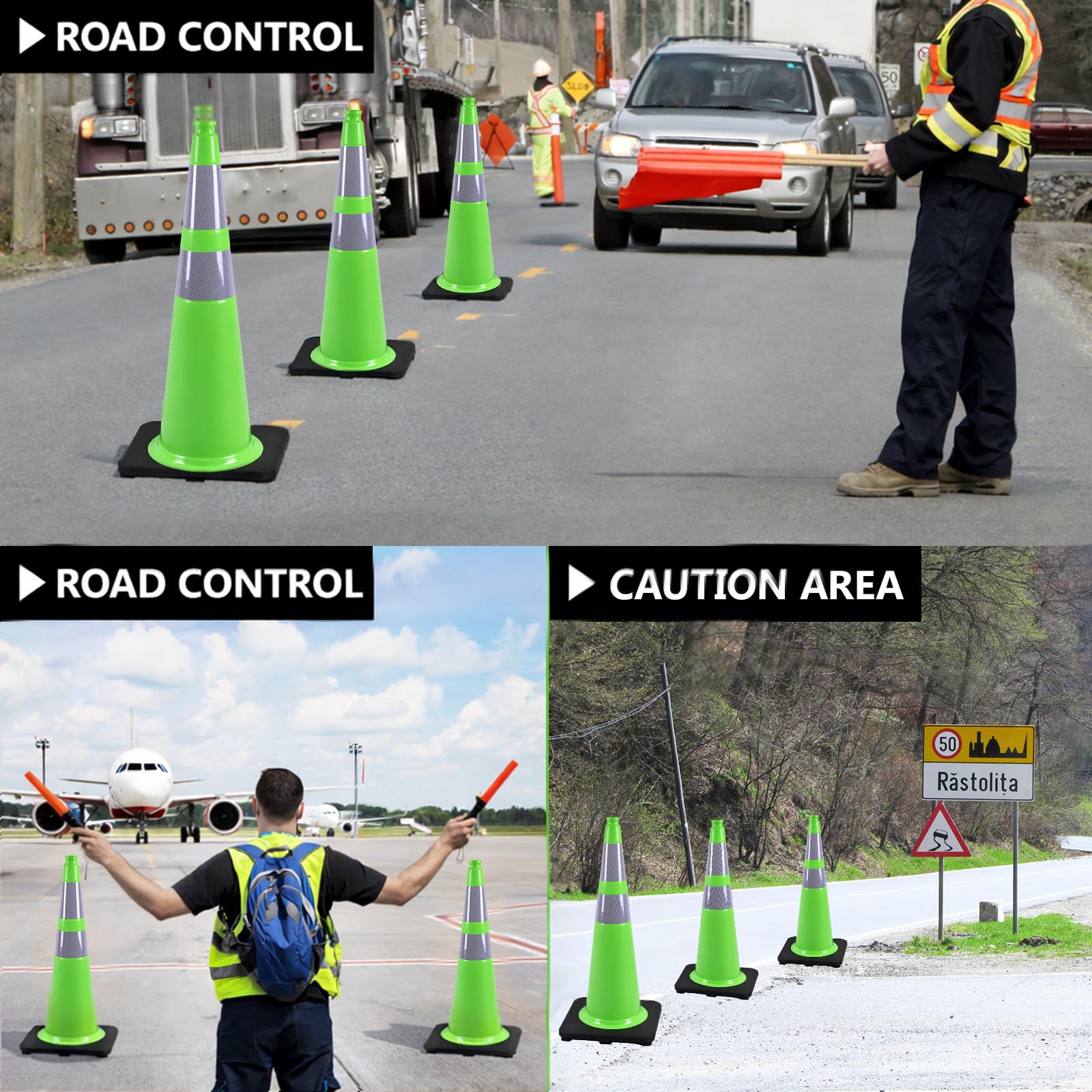 BESEA - Paquete de 8 conos de tráfico verdes de 28 pulgadas con collar reflectante de 6 pulgadas para construcción, calzada, estacionamiento de carretera (8 piezas)