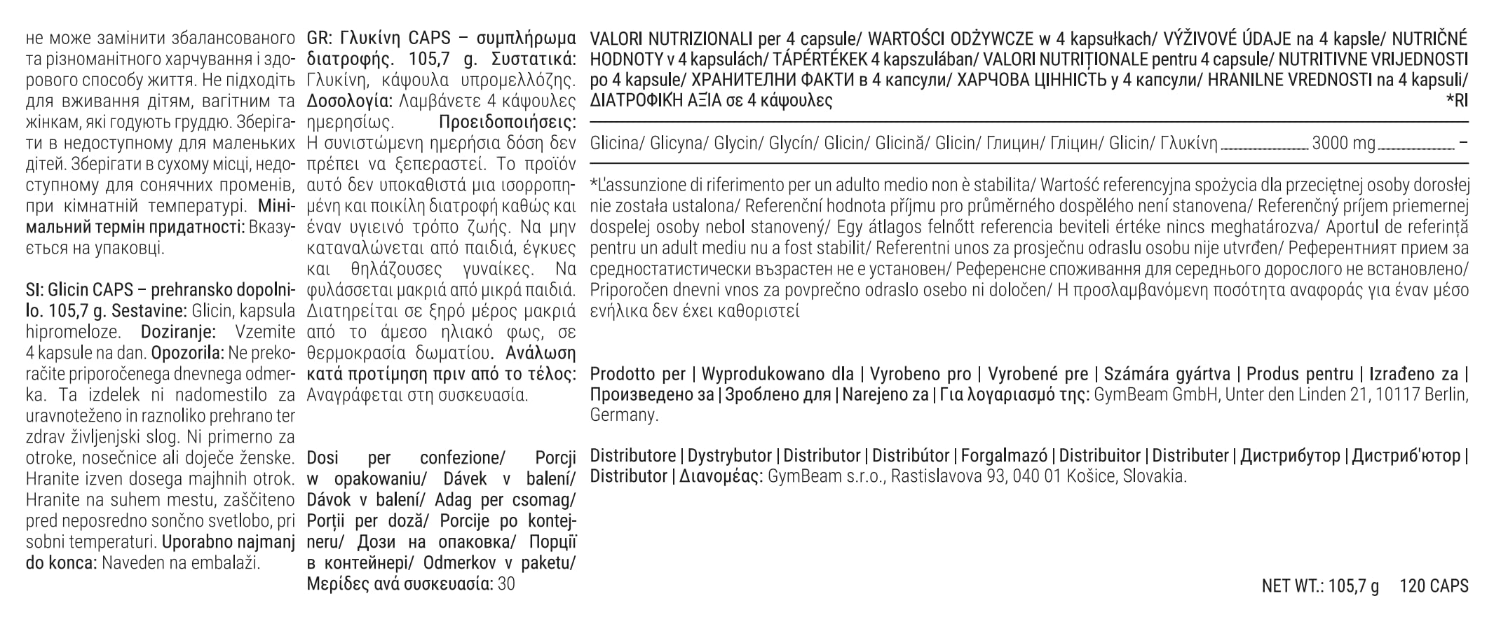 GymBeam Glicina Caps 3000 mg - Integratore Glicina Capsule per Vegani, Glicina Amminoacido - Adatto per Assunzione Giornaliera o Serale - Capsule Facili da Ingerire, 120 cps