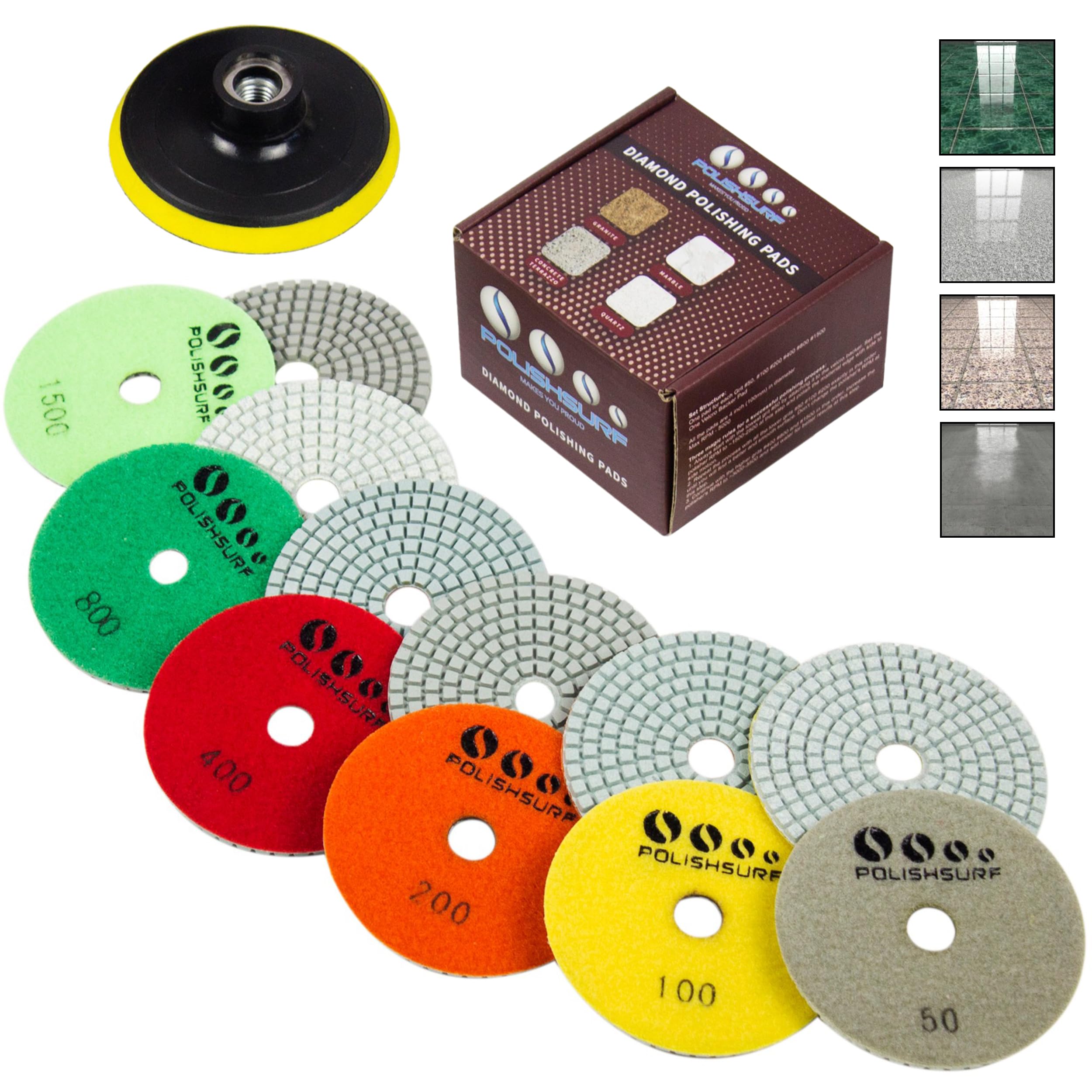 Diamond Polishing Pads 4 Inch Wet Dry Set 7 Pieces for Concrete Marble Quartz Stone Countertop Granite Polishing - by POLISHSURF