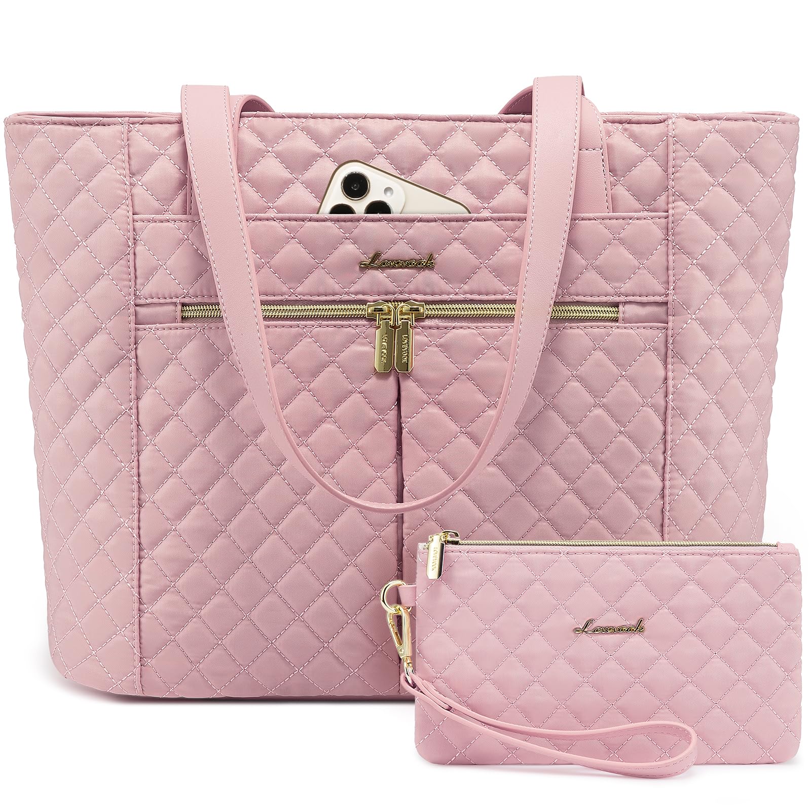 LOVEVOOK Laptop Bag for Women 15.6 inch,Diamond Quilted Work Womens Laptops Tote Bag Computer Shoulder Bags,Stylish Travel Tote Bag Laptop Purse Case Briefcase Handbag with Clutch Purse,Pink