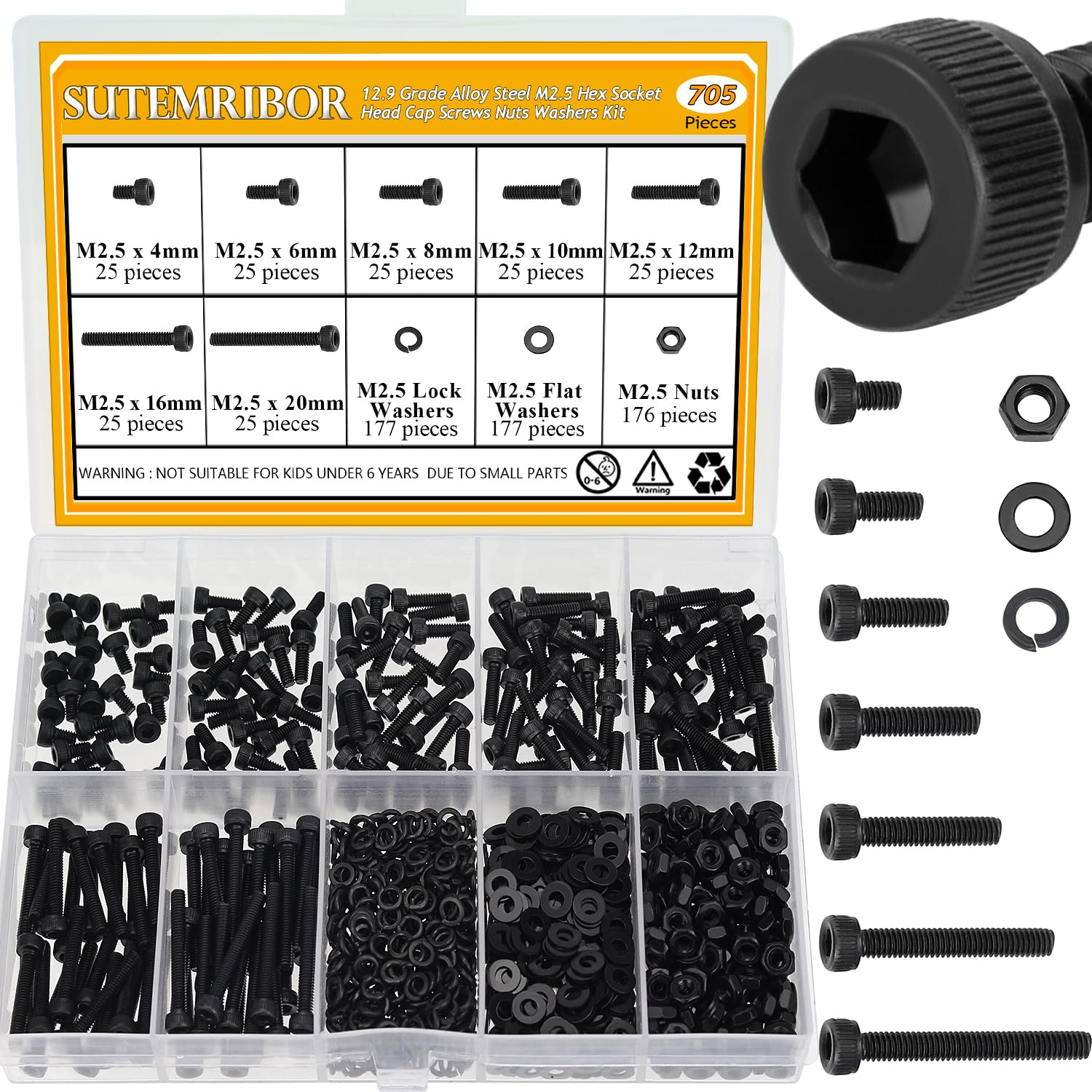 705 Pieces M2.5 Screws Nuts Washers Set Black, Sutemribor M2.5 x 4/6/8/10/12/16/20mm Hex Socket Head Cap Screws Nuts Washers Assortment Kit, 12.9 Grade Alloy Steel, Fully Threaded M2.5 Screws Kit Socket Head