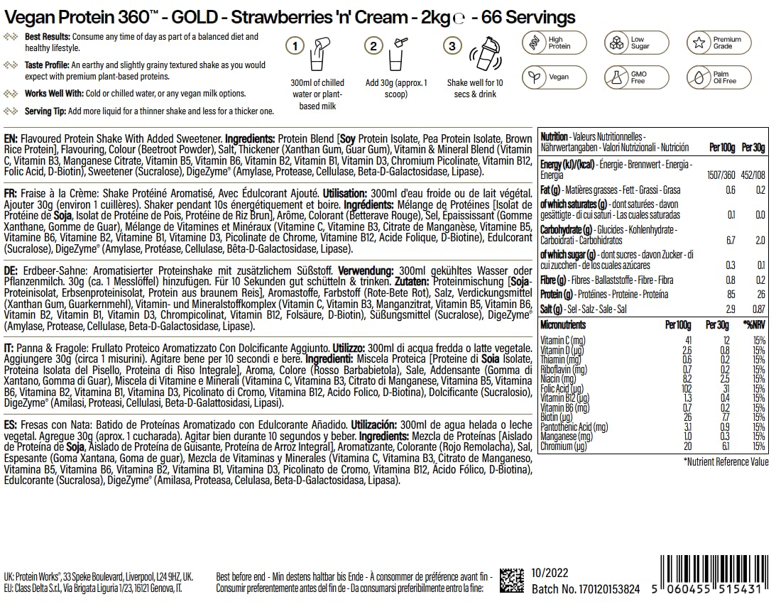 Protein Works | Vegan Protein 360 – GOLD Innovation, Protéine Végane, Mélange Multi-Protéines Premium 100% Végétal, Shake Faible en Gras & Calories, Fraises à la Crème, 66 Portions, 2 kg