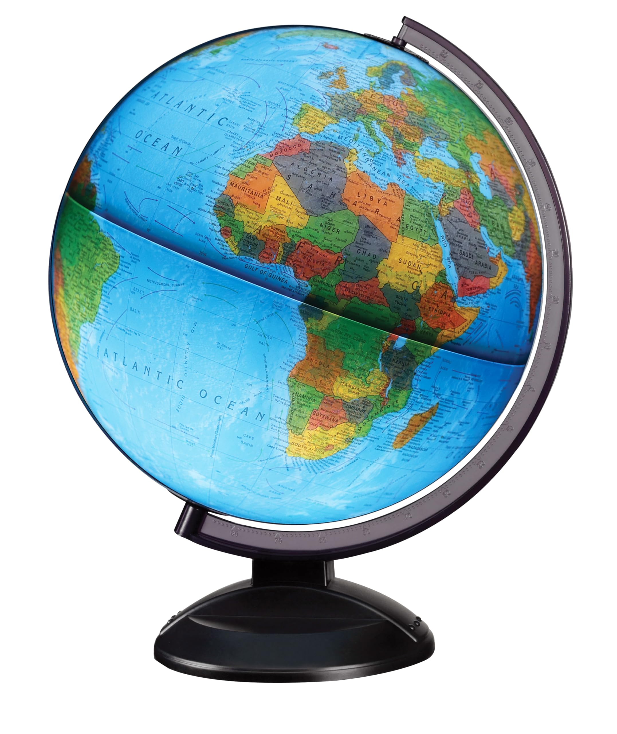 Replogle Ready to Assemble Illuminated World 12" Diameter Globe, USA Cartography, Modern Acrylic Stand and Blue Ocean Globe Ball. Easy to assemble globe that shows both Political and Vegetative information including political borders and provincial borders, major ocean currents, detailed lakes, rivers, tributaries and canals. (Illuminated)