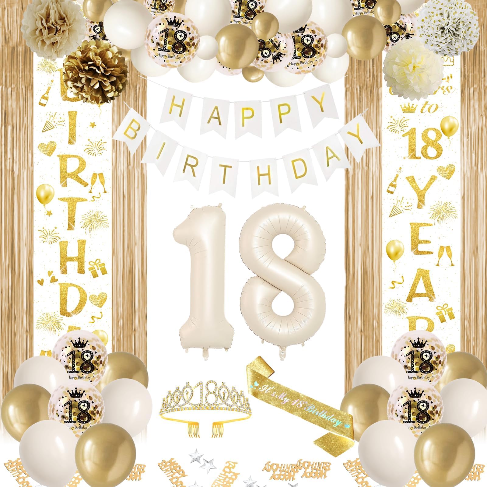 18th Birthday Decorations, Sand White Gold Birthday Party Decorations for Girls, Happy 18th Birthday Banner, 18th Birthday Sash and Tiara, Foil Curtain, for Girls 18th Birthday Party Supplies, 18