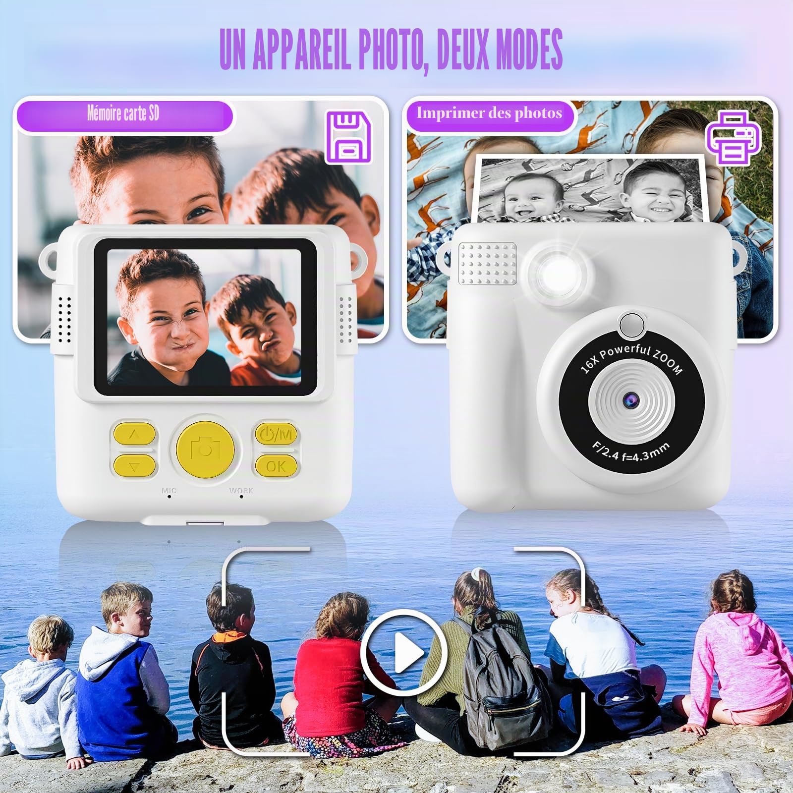 Appareil Photo Instantané Enfants, 1080P HD Appareils Photo Numériques Instantanés, 2.4'' Écran Appareil Photo Enfants avec Papier d'impression & Carte 32GB, Cadeau pour Filles Garçons 3-12 Ans