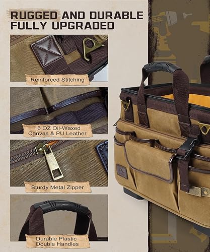 Miniatura 6 de ARCFOX Bolsas de herramientas grandes de electricista de 16 pulgadas para hombres, resistentes, 31 bolsillos, bolsa de herramientas de lona encerada