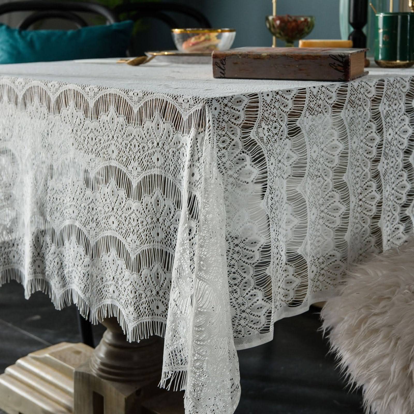 Mantel Mesa Hippie Mantel Jardin Rectangular Encaje De Onda Hueca Mantel Grande Mesa Rectangular Mantel Protector Blanco Poliéster Protección De Decoración De Mesa 150X260Cm