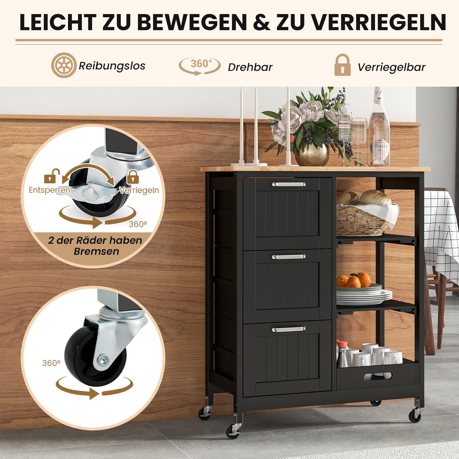 COSTWAY Küchenwagen mit Tablett, Regalen und 3 großen Schubladen, Küchenschrank rollbar, Kücheninsel aus Kautschukholz, Servierwagen 67 x 37 x 83,5 cm (Schwarz)