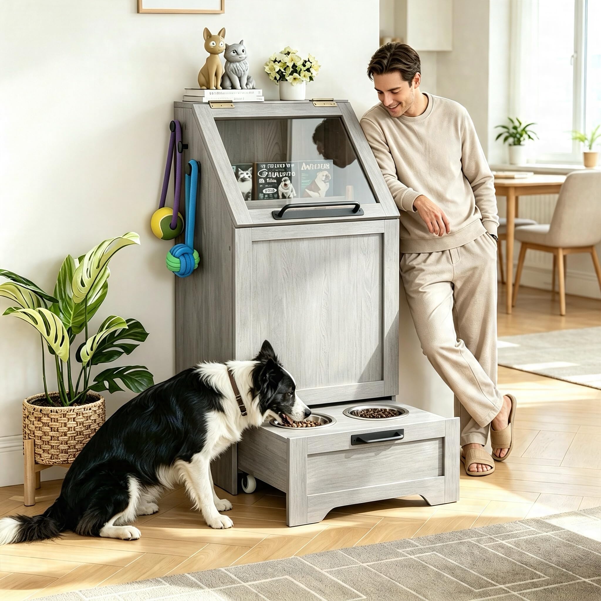Comedero multifuncional para perros con armario de almacenamiento, cuencos elevados de acero inoxidable y ganchos para accesorios – Comedero de madera para perros y gatos para cocina o comedor
