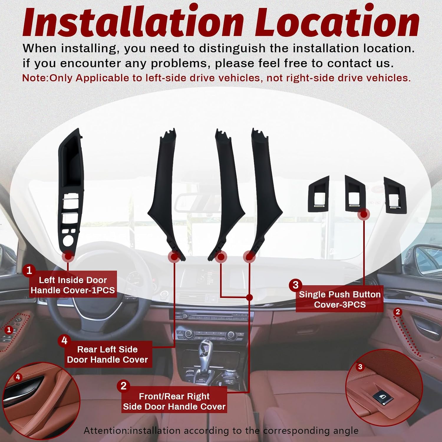 Inner Door Pull Handles Kit 7PCS Replacement for 2010-2016 BMW 5 Series 520 523 525 528 530 535 F10/F11 Driver Side Window Switch Armrest + Passenger Door Pull Handle + Window Switch Covers (Black)