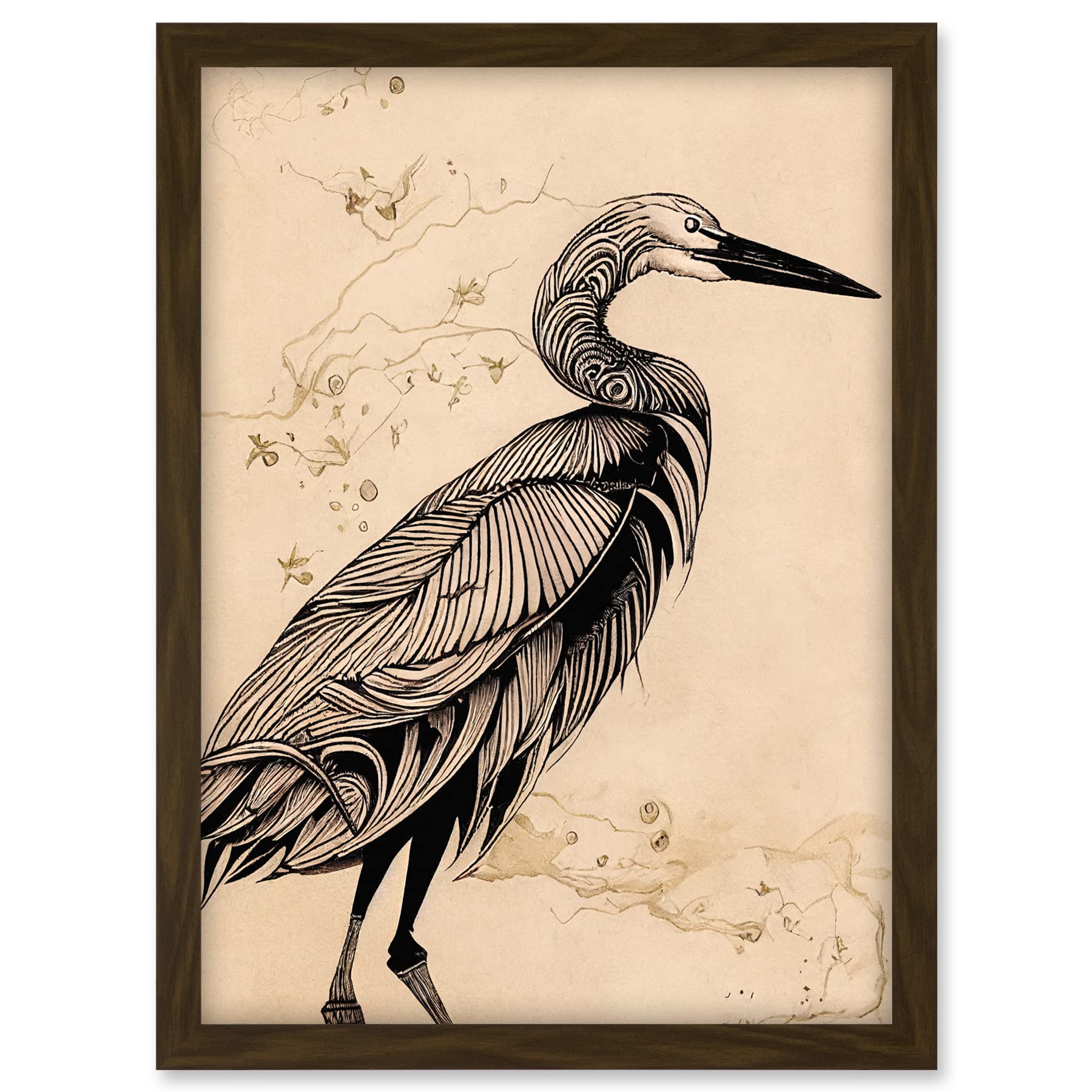 Doppelganger33 LTD Heron Bird Simple Ink Illustration Artwork Framed A3 Wall Art Print