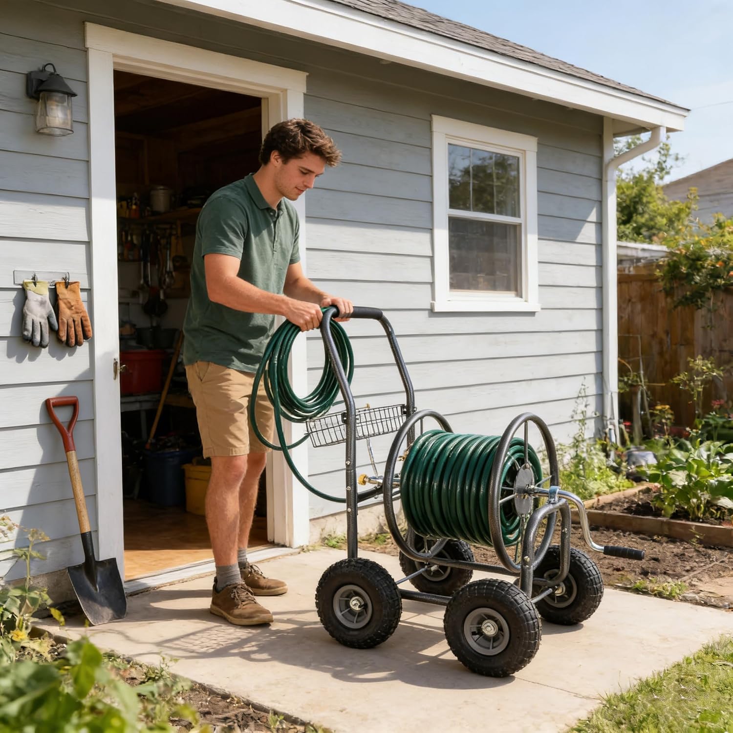 Garden Hose Reel Cart with wheels, Hose Reels for outside with Storage Basket, Portable Residential Reel Carts, Lawn Watering for Backyard and Farm (Dark Grey)