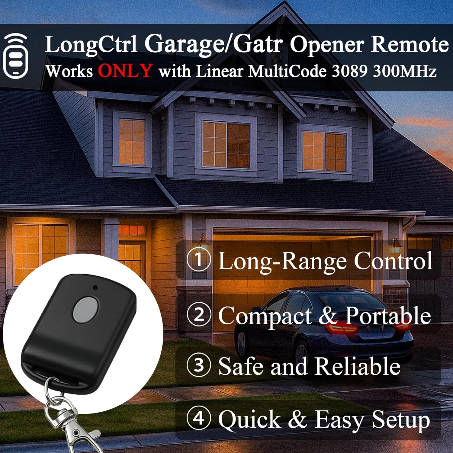 2-Pack 300MHz 10 dip Switch for Multicode Garage Gate Door Opener Remote Control, Replacement for 3089,3070,3060,308911,MCS308911,MCS306010,MCS3070 Gate Clicker with Keychain.
