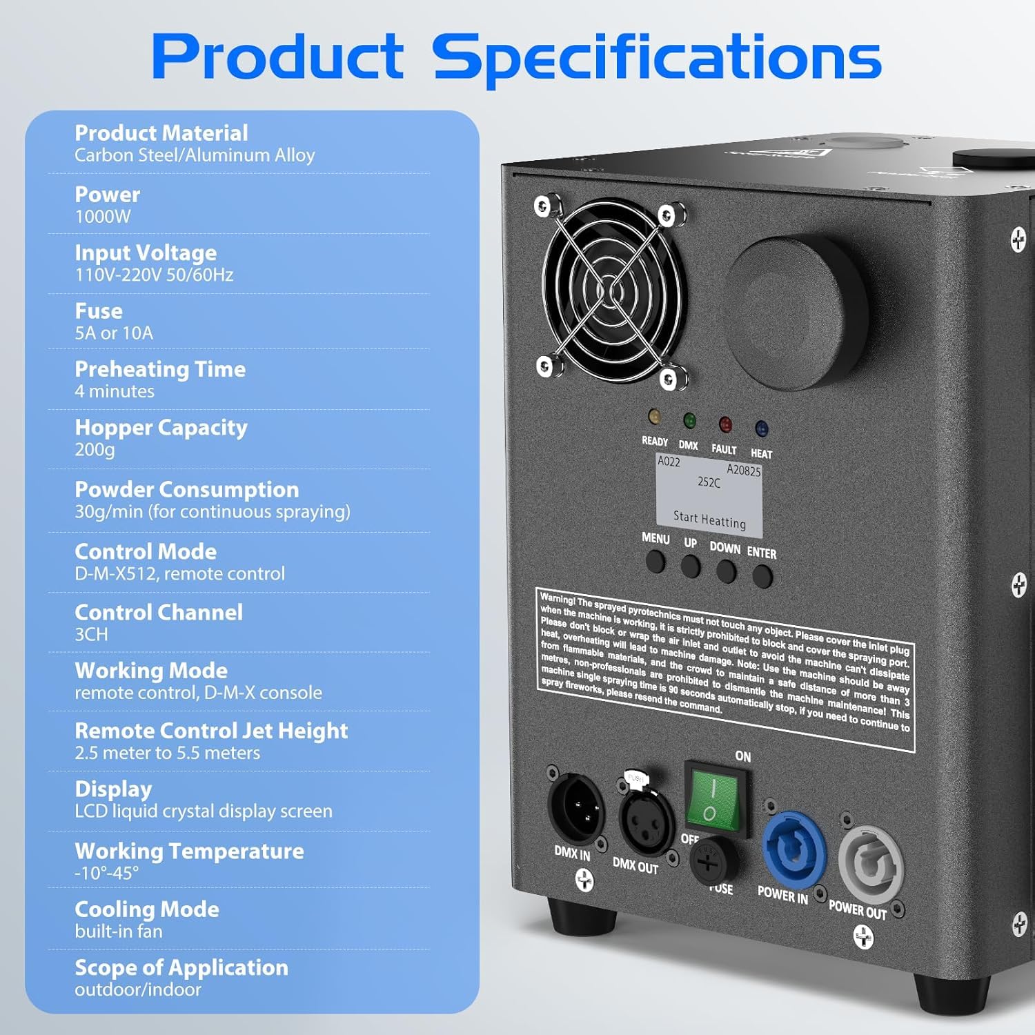 1000W Pyrotechniques Machines, 2 DMX Cold Spark Machine avec flight case, Chauffage par Résistance pour fêtes, Noël, DJ, mariages, événements sportifs