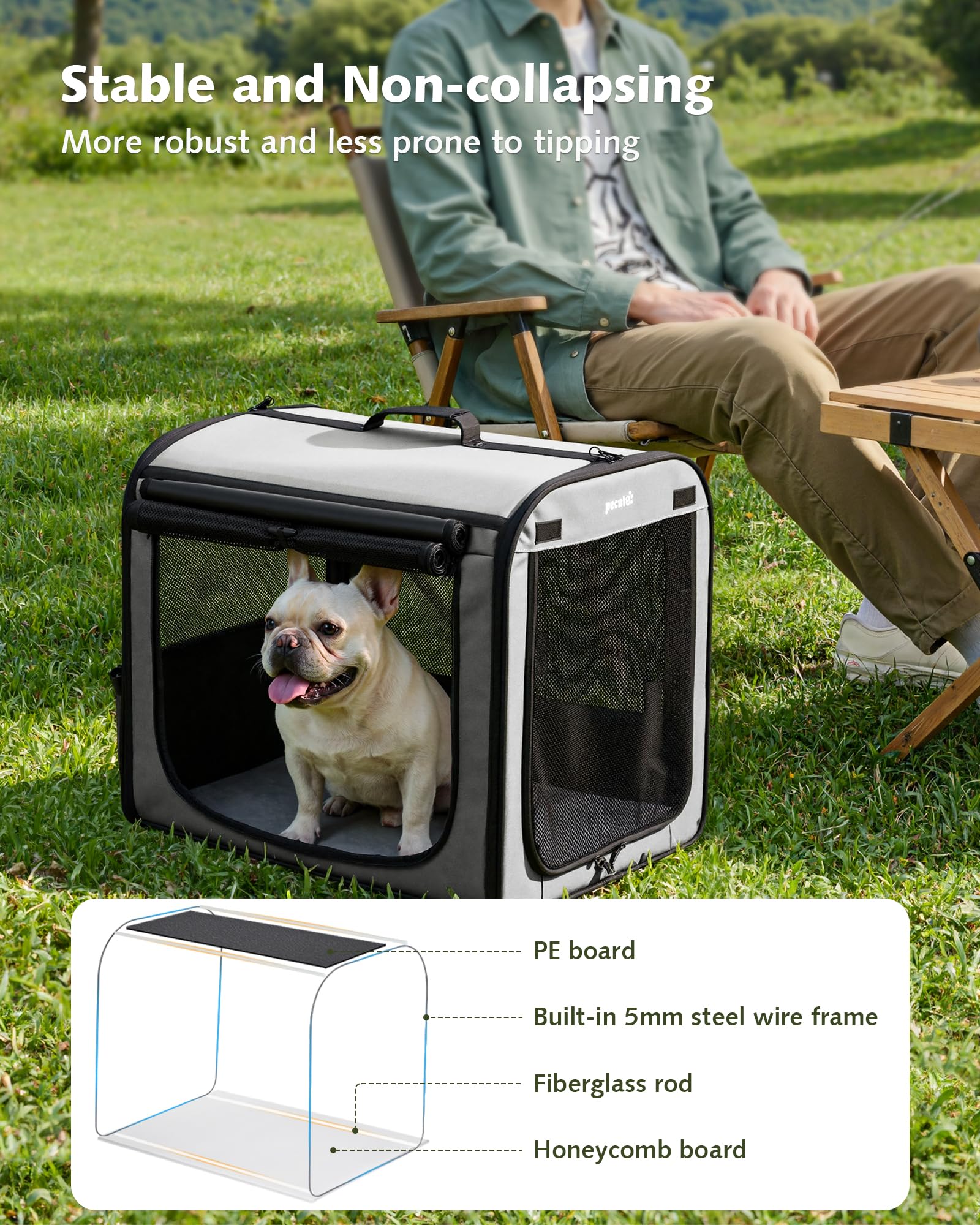 Pecute Trasportino Cani Stabile Leggero, per viaggi e auto, Portatile Con Finestre Traspiranti, Pieghevole Per Animali Domestici, Uso Interno Esterno, 61×45×52 cm, Grigio