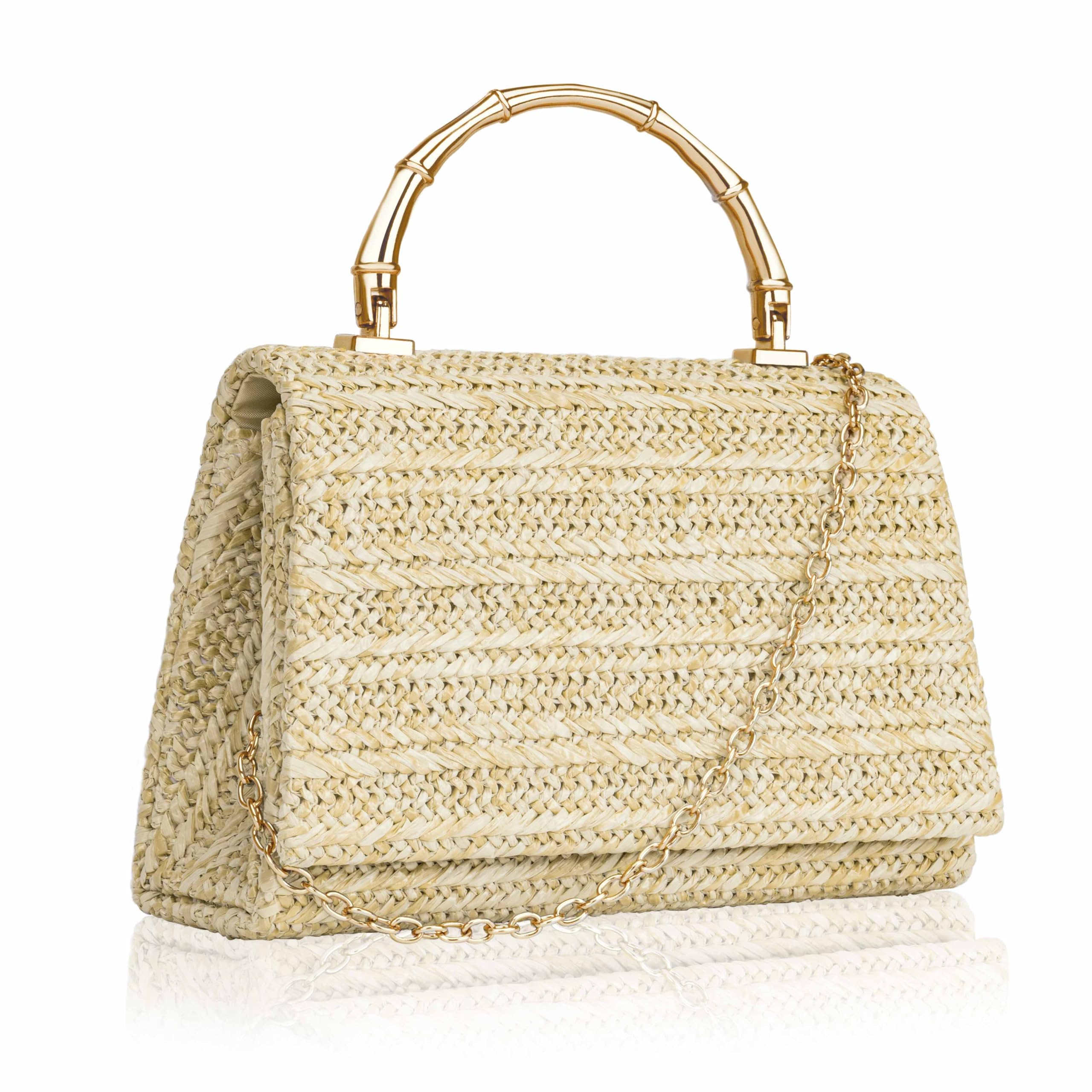 Larcenciel Damska kopertówka Boho, pleciona torebka ze słomy, elegancka torba na ramię na wesele, imprezę, plażę, Złoty uchwyt, S
