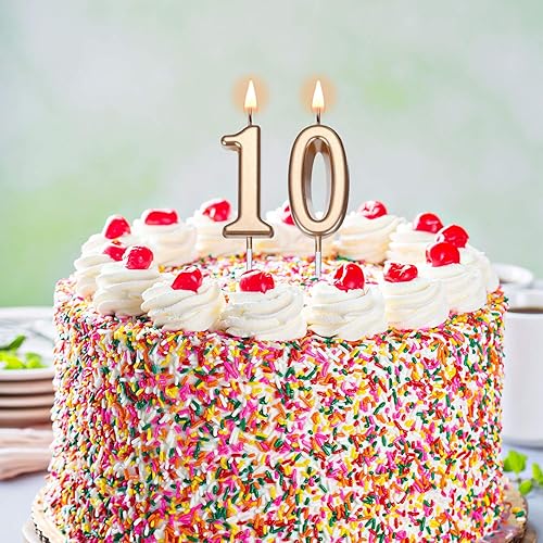 Miniatura 4 de Velas de cumpleaños número 10 para decoración de cumpleaños, boda, aniversario, celebración, fiesta, 3.54 pulgadas de longitud total (dorado champán)