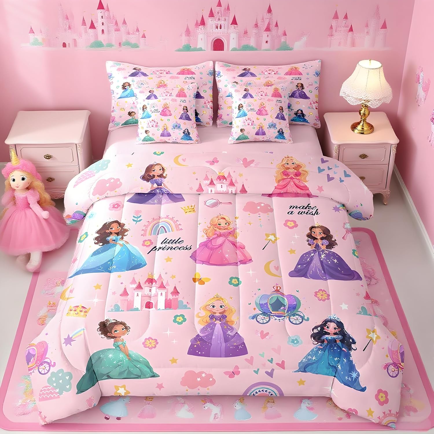 jejeloiu Cute Princess 7 Piece Bedding Set Twin Size Castle Comforter Set with Sheets,Pillowcases & Cushion Cover for Adults Fairy Dreamy Bed in a Bag Rainbow Flower Blue All Season Soft