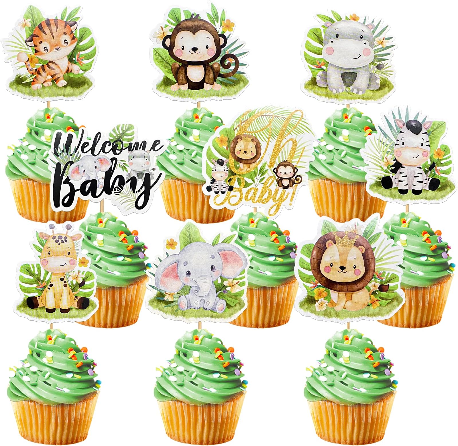 45 Pcs Safari Baby Shower Cupcake Toppers Jungle Animals Oh Baby Party Decorations Safari Theme Cupcakes Toppers for Boys Kids Nursery Wild Party Supplies