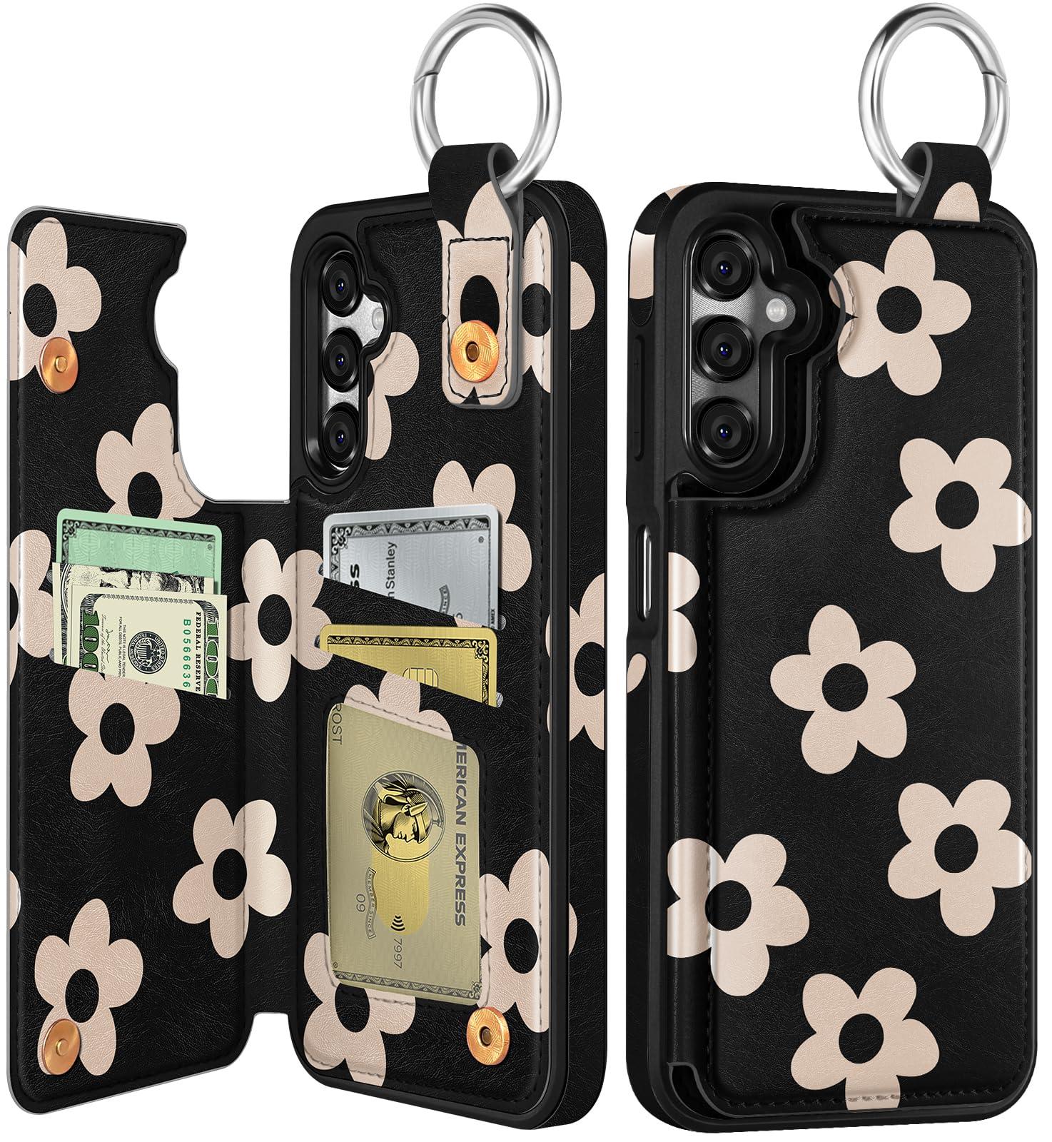 Shorogyt for Samsung Galaxy A16 Wallet Case - Cute Fashion Black Flower Design with Card Holder Kickstand for Magnetic Clasp Back Flip Folio Leather