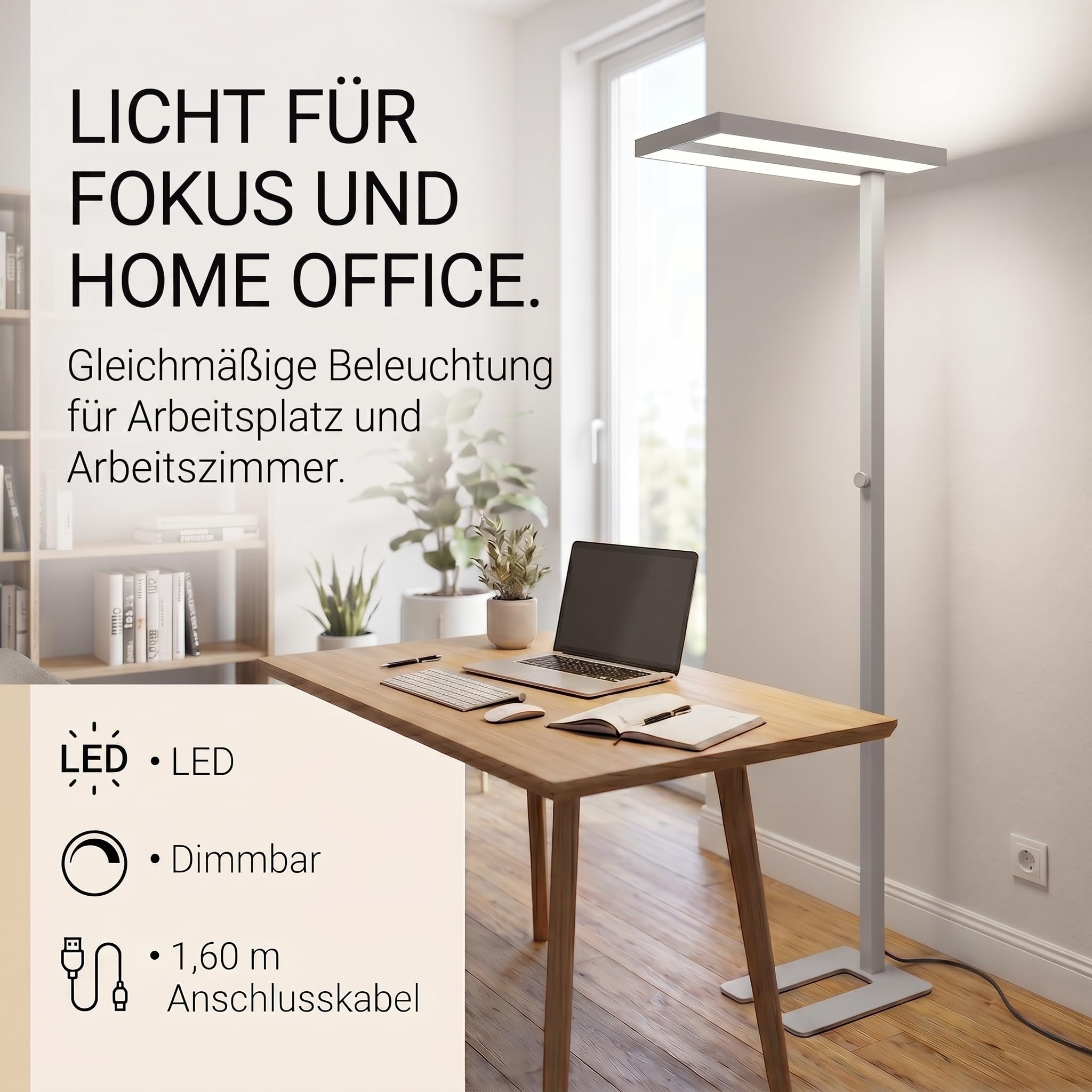 LED Büroleuchte Stehleuchte Arbeitsplatzleuchte für das Arbeitszimmer Bürolampe aus Alu, dimmbar, 4.000K Neutralweiß, 8.000lm, 60W, UGR< 19 blendfrei, Up & Down (grau)