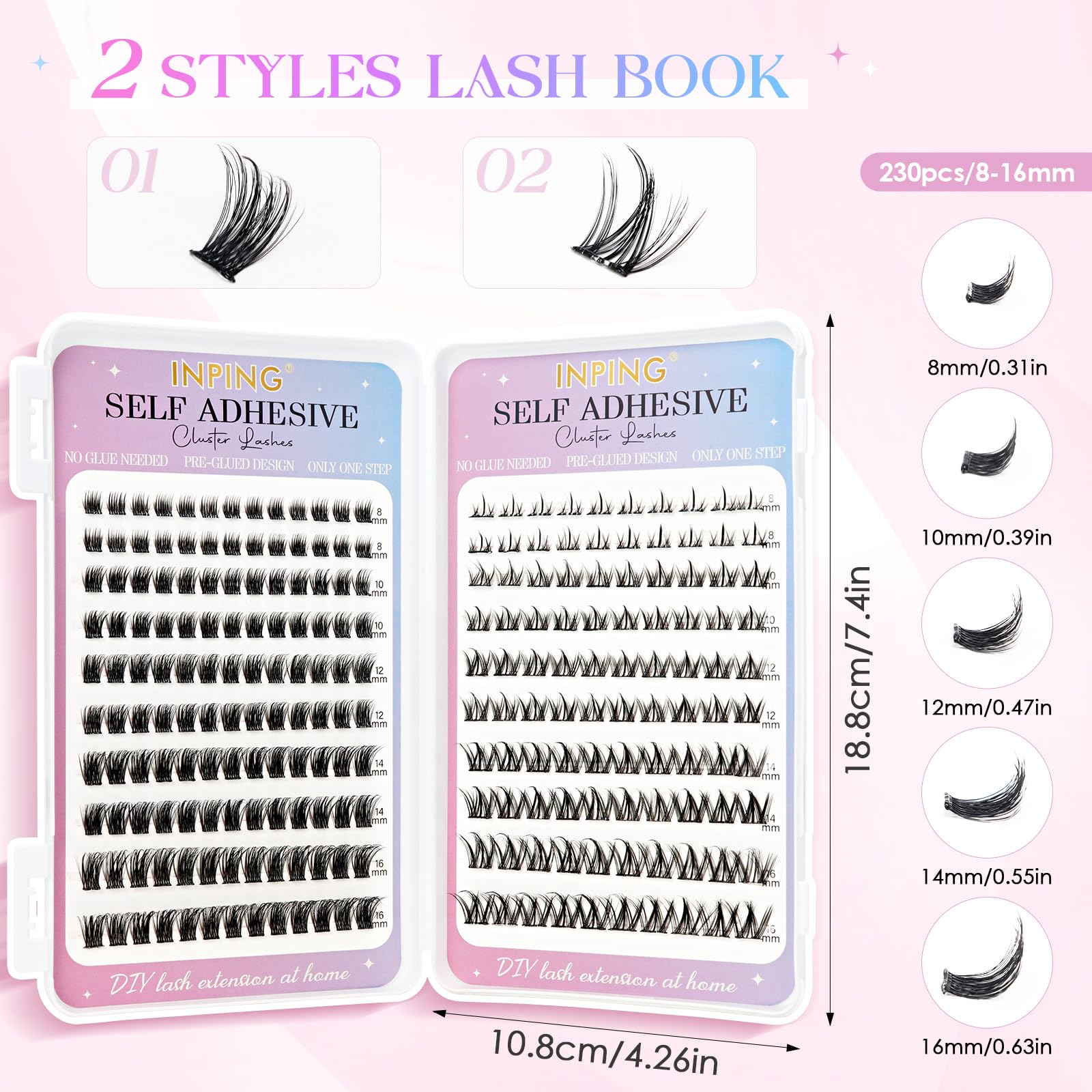 INPING Samoprzylepne rzęsy, 2 style Press on Lashes Fluffy Spiky Wispy Pre Glued Lashes Extension Set z pęsetą dla początkujących, przedłużenie rzęs w domu, "zrób to sam", bez kleju, 8-16 mm