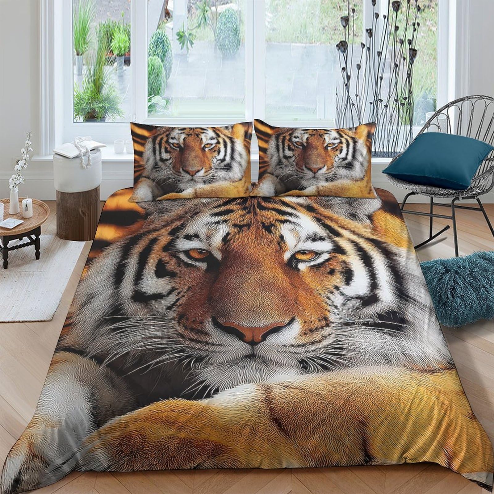 P5V6M1Q9 3D Printed Tiger Animal Duvet Cover Microfiber Soft Breathable Jungle Wildlife Bedding Set with 2 Pillowcases for Bedroom Decor, Single（135x200cm）