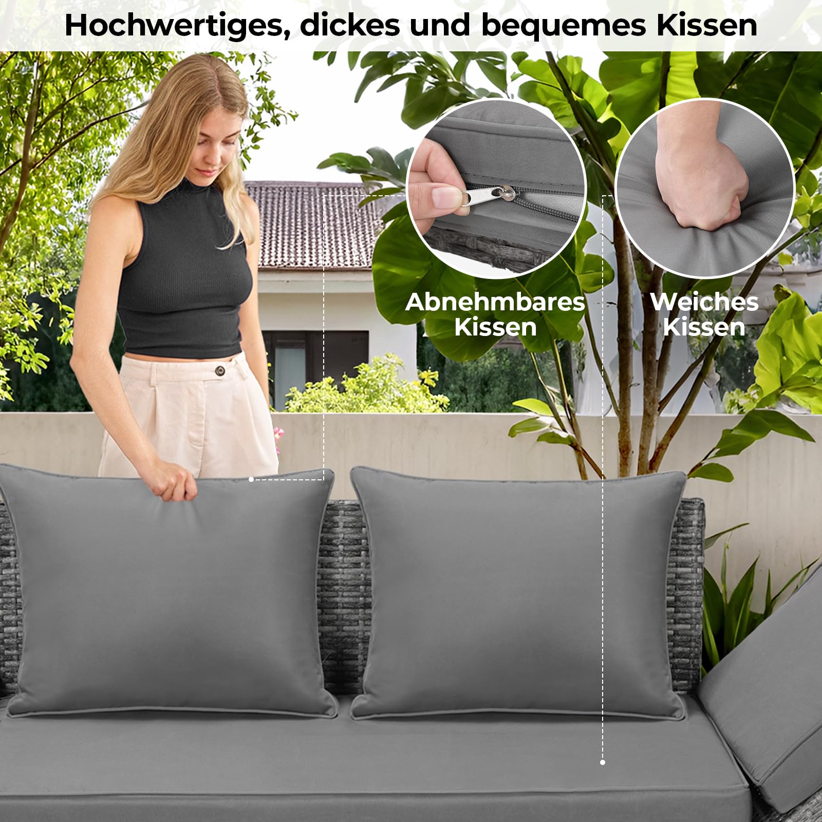 LIFERUN Rattan-Gartenbank Für Garten, Terrasse,Balkon,Poolbereich,Innenhof, Polyrattan,Loungesofa,Gartensofa,2-Sitzer,Verstellbare Armlehnen,Outdoor Sofa,Graues Rattan