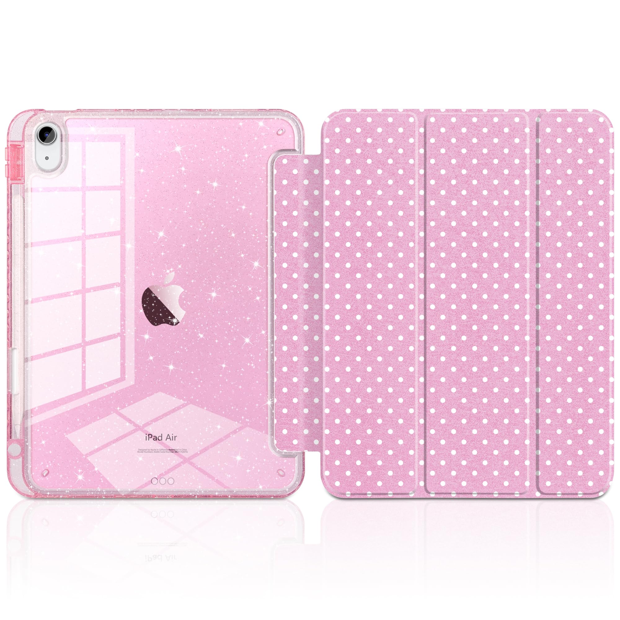 MEEgoodo Custodia per iPad Air 13" 2026 (M4) / 2025 (M3) / 2024 (M2), custodie per tablet glitterate con retro in acrilico trasparente + supporto a tre pieghe + portapenne, accensione e spegnimento