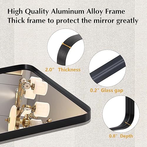 Miniatura 5 de Espejo de baño de 30 x 40 pulgadas con marco grueso de borde redondo negro, lentes de aspecto grande para colgar sobre tocador, escritorio,