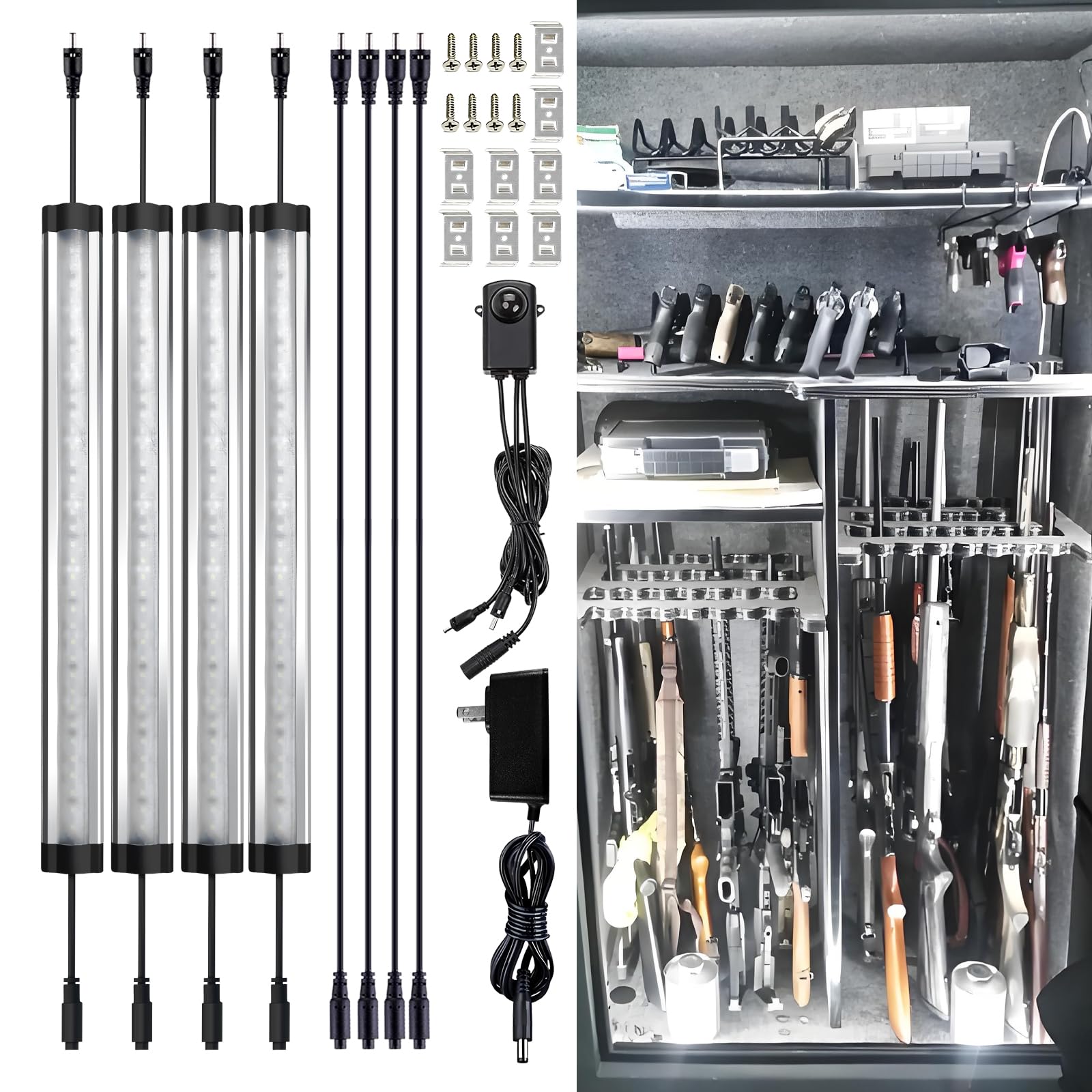 Vrothkain LED Gun Safe Lighting Kit, (4) 13 Inch Linkable Light Bars + Motion Sensor + UL Power Adapter, 900LM, Input 100-240V, for Under Cabinet Gun Safe Locker Closet Showcase, 6000K Daylight