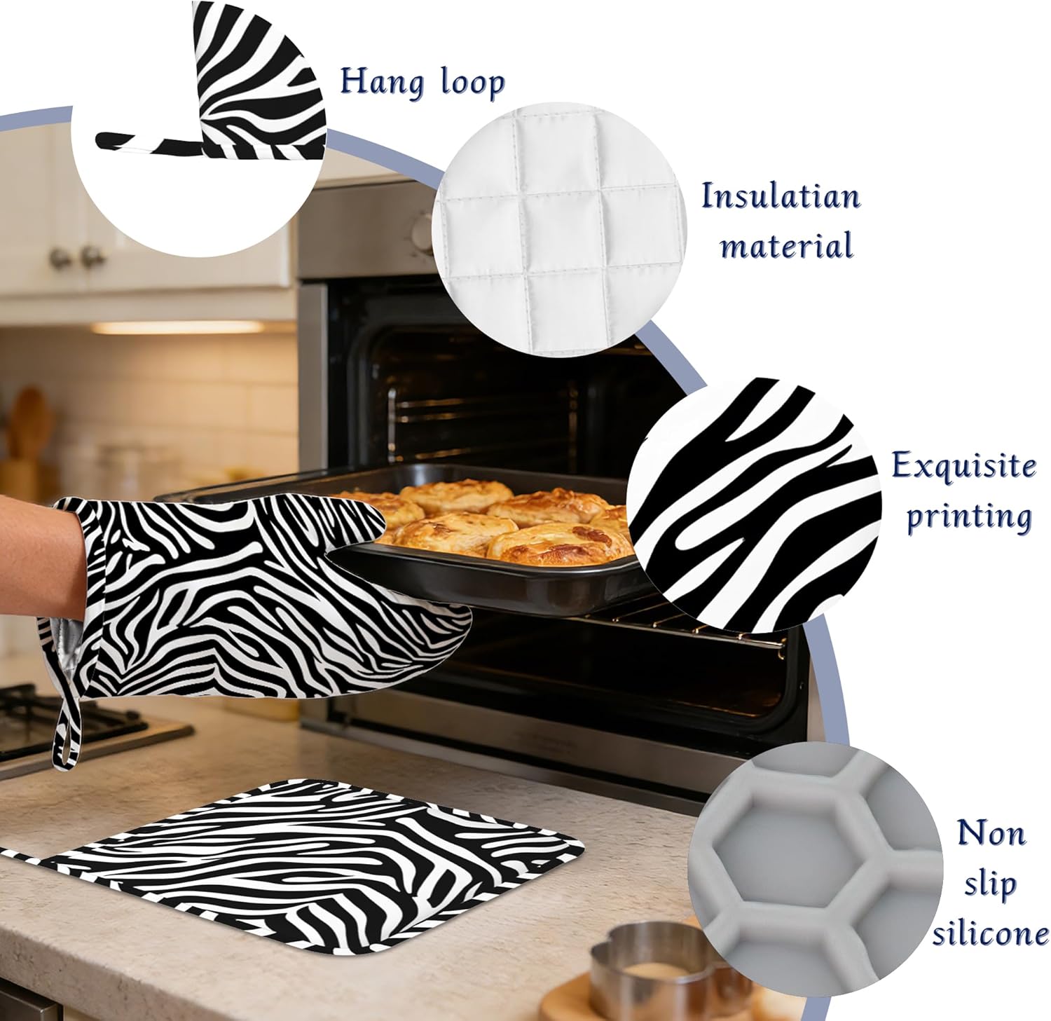 African Animals Oven Mitts and Pot Holders Sets of 4 Zebra Black White Print Heat Resistant Silicone Oven Mits Gloves Non-Slip Kitchen Mittens Potholders for Cooking Baking Grilling BBQ