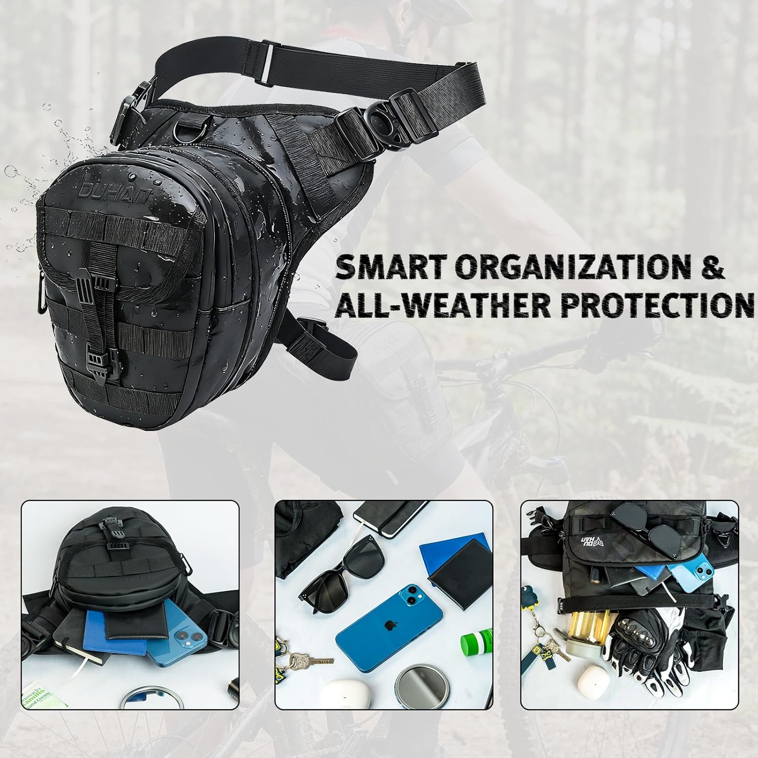 DUHAN Thigh Bag for Motorcycle Riding & Outdoor Adventures – Waterproof Expandable Motorcycle Leg Bag with Adjustable Straps, MOLLE System, 3-Layer Organization for Phone, Wallet, Flashlight, Gear - Image 7